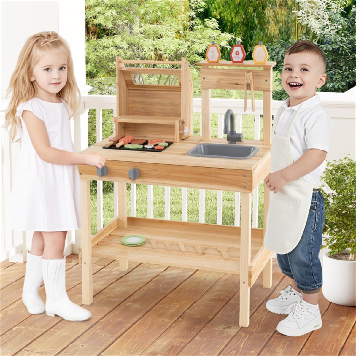 Wooden Outdoor Barbecue Grill Play Kitchen for Imaginative Pretend Cooking Activities with Sink, Grill Lid, and Storage Shelves