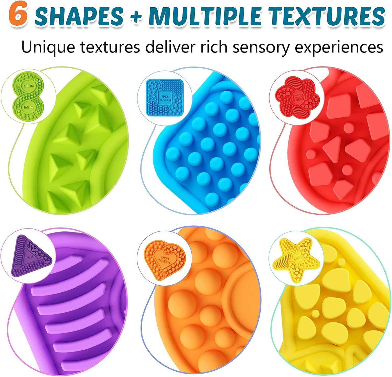 6 Pack Textured Silicone Sensory Stickers,Calming Quiet Fidget Toy with Guided Breathing Shapes,Anxiety Relief Adhesive Desk Strips for Autism & ADHD,Soft-Touch Stress Relief for Classroom,Home,Office image 2