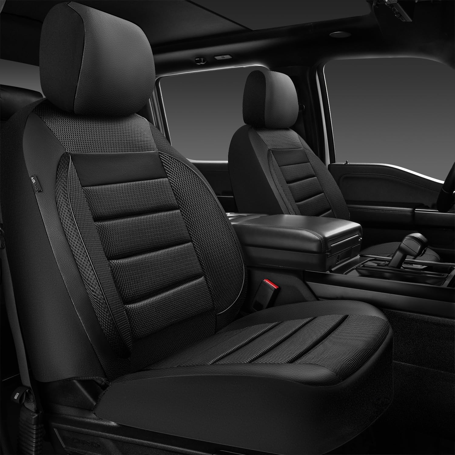CAR PASS Fundas de asiento de coche de cuero con espuma 3D, solo dos asientos delanteros, malla transpirable, gruesas, para todo tipo de clima, protección cómoda para camioneta, SUV, sedán, furgoneta, compatible con airbag, color negro