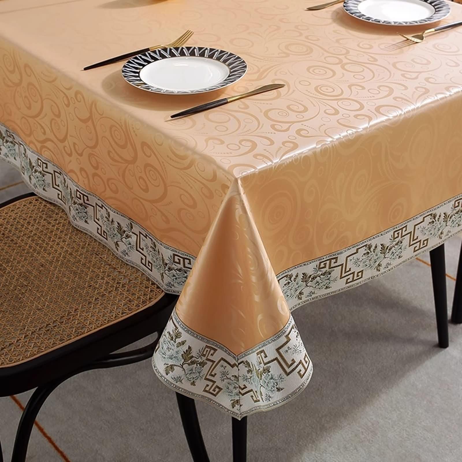 Tovaglia Rettangolare Grande Motivi Foglie e Ricami Tovaglie Antimacchia 140 W x 220 L CM,Tovaglia in PU Antimacchia Champagne