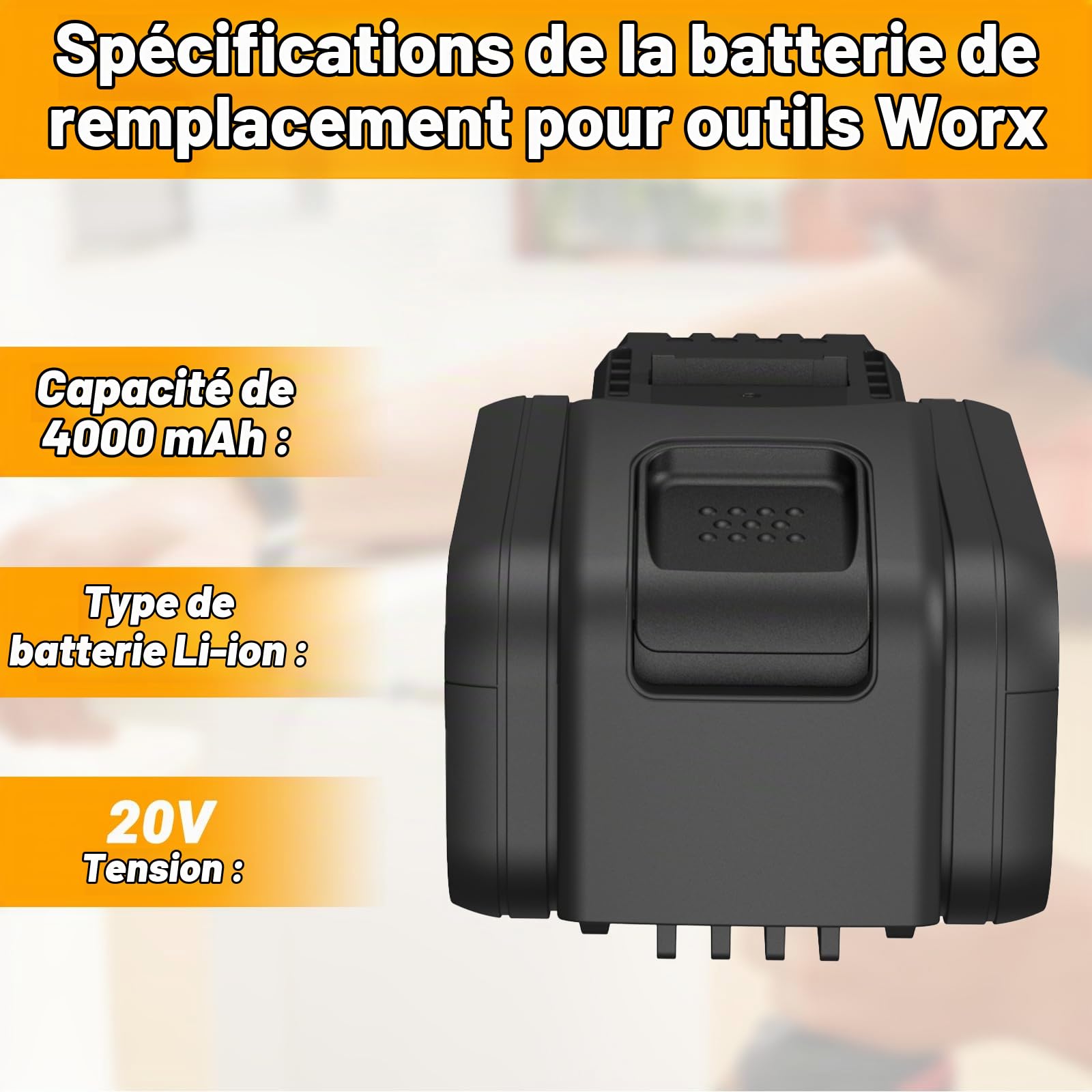 Batterie Li-ion de rechange 20 V 4000 mAh compatible avec Worx WA3551.1 WX678 WG549, compatible avec tous les appareils Worx 20 V Powershare