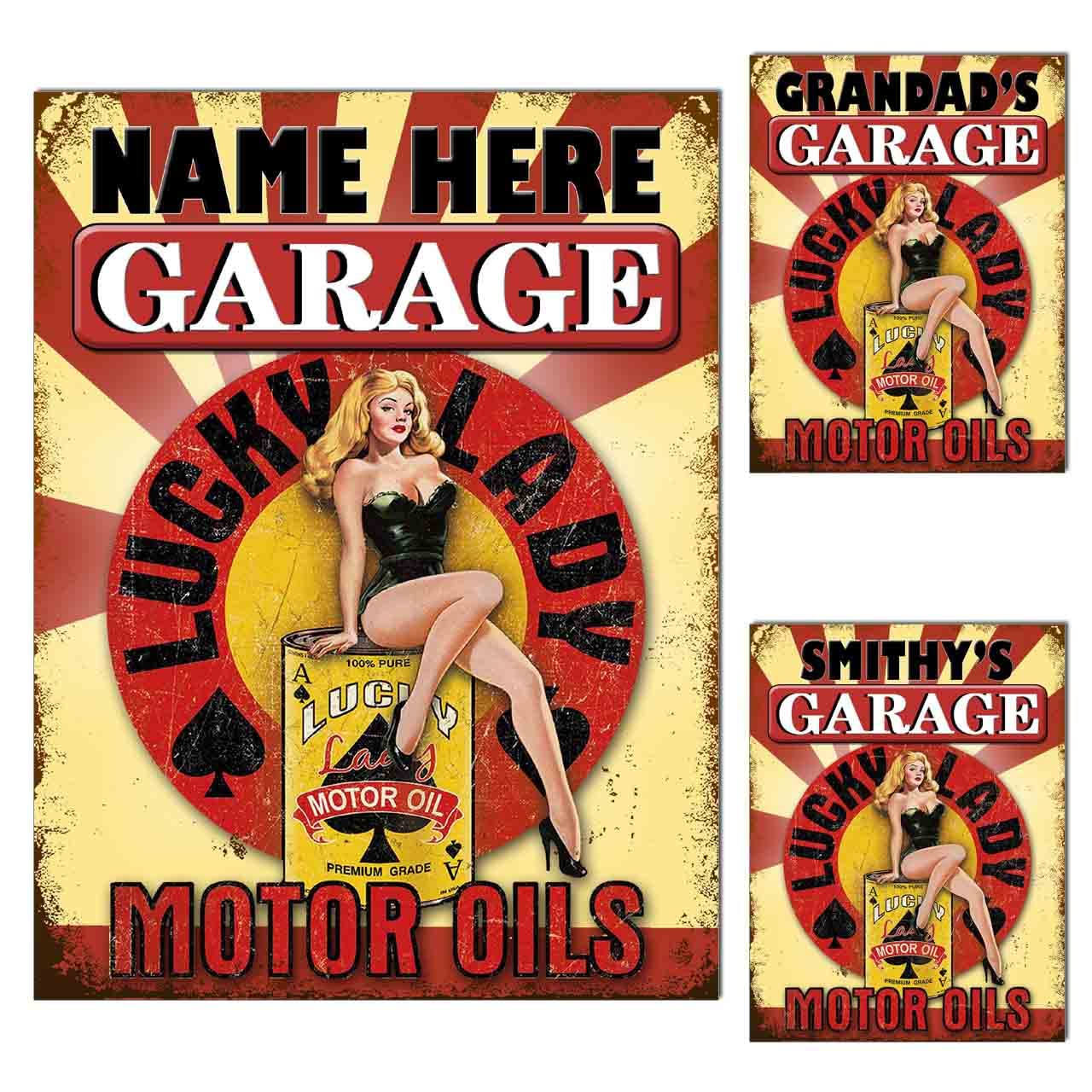 Metal Tin Sign Plaque Poster Print Personalised Garage Sign Gift Dad Mum Man Cave Shed Home Bar Tiki Bar Fathers Day S1 (8x6 inches (Approx) 20cmx15cm, Lucky Lady Motor Oil)