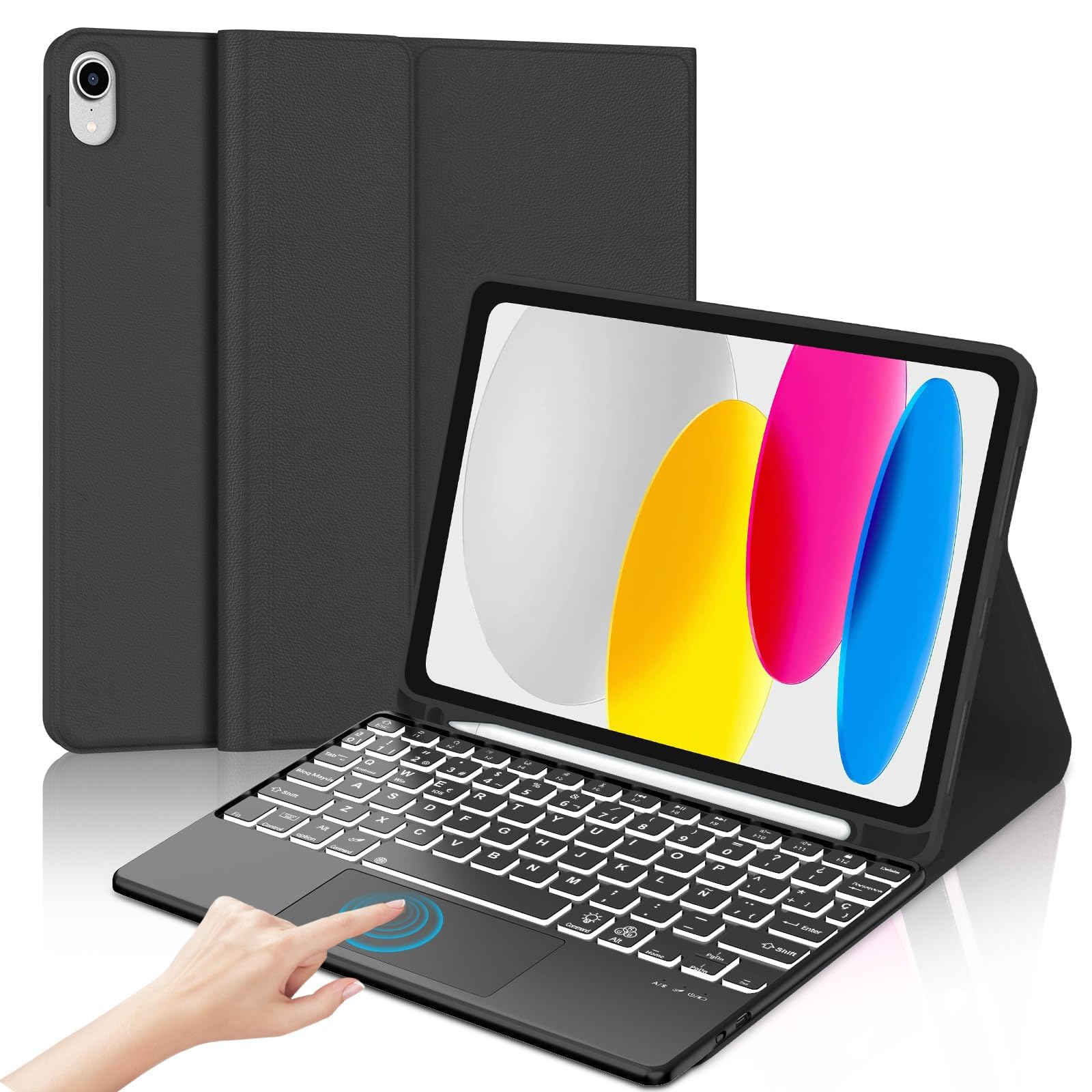 IVEOPPE Teclado para iPad 10/11 Generación A16 con Touchpad, Funda Teclado Trackpad Español à Retroiluminado Desmontable Bluetooth para iPad 10 Gen 2022 10.9"/11 Gen 2025 11", Negro