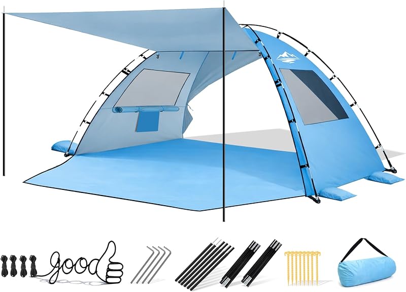 Tienda de playa refugio solar con dosel para 3-4 personas UPF50+ | Tienda de campaña portátil, ligera, fácil de instalar, con dosel y clip, con bolsas de arena para privacidad familiar, flujo de aire 360 ​​para acampar en la playa