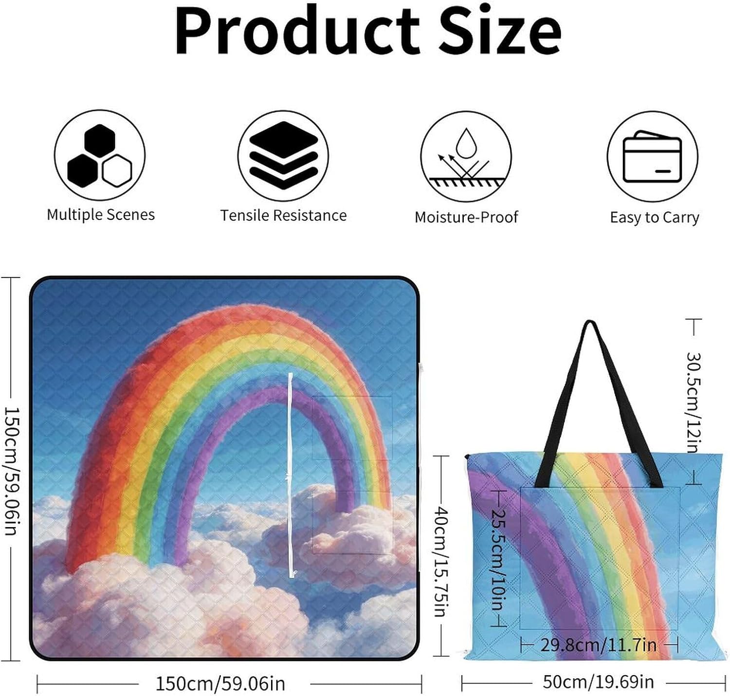 Rainbow Picnic Blanket with Zipper Water Resistant Sand Free Picnic Mat Washable Foldable Easy Carry Beach Blanket for Lawn Beach Hiking Camping