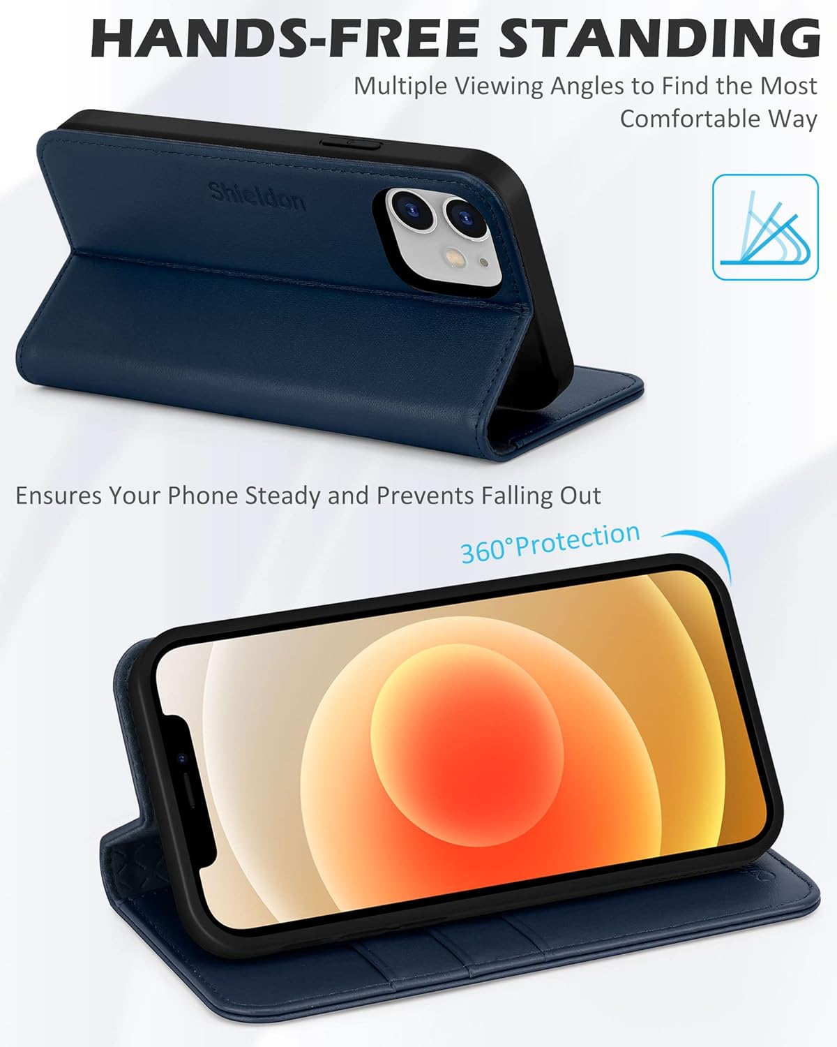 SHIELDON Case for iPhone 12/12 Pro 5G, Genuine Leather Wallet Case RFID Blocking Credit Card Holder Folio Magnetic Stand Shockproof Cover Compatible with iPhone 12/12 Pro (6.1") - Navy Blue