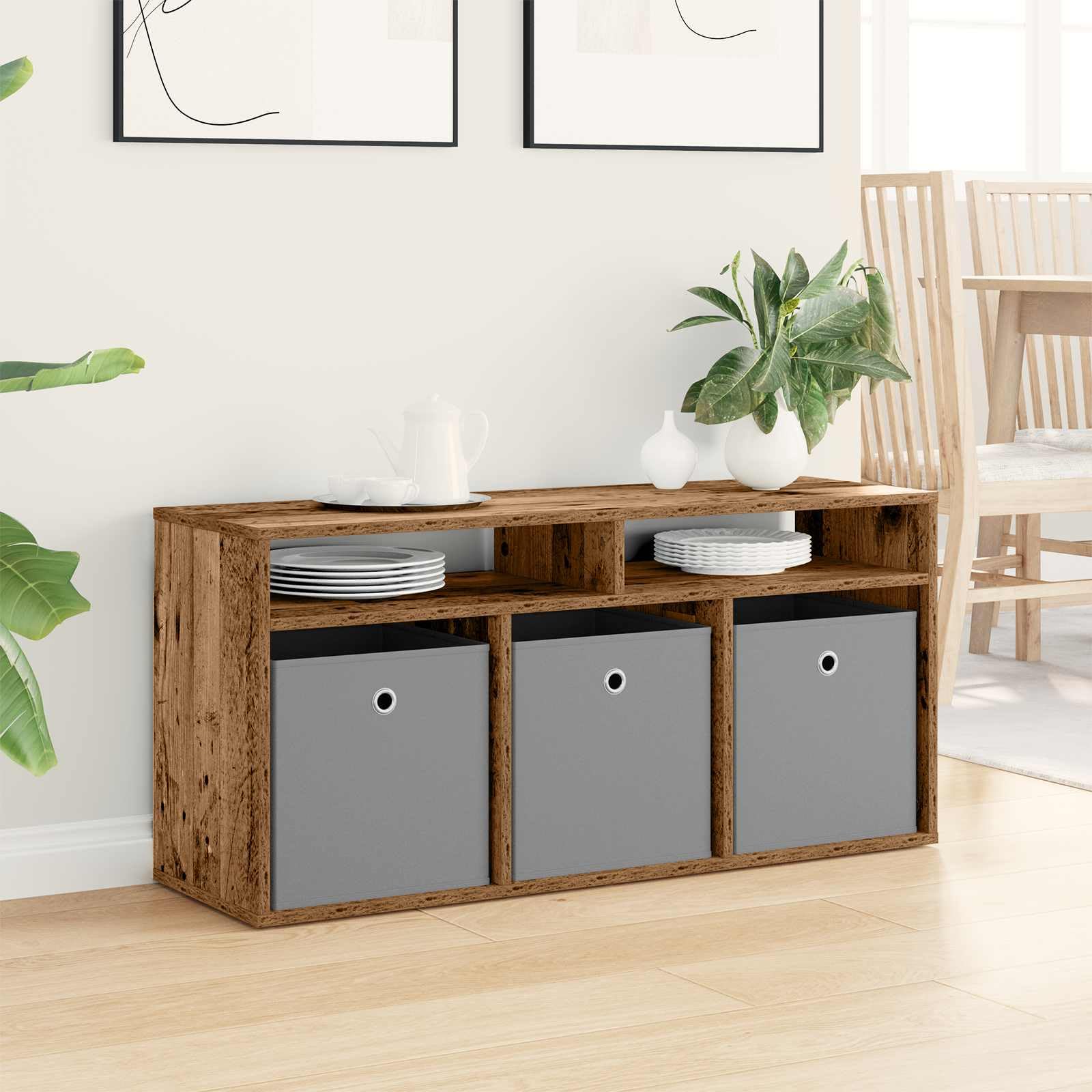 Mobile basso con cassetti, effetto legno anticato, larghezza 102 cm, mobile TV con 3 cassetti e 2 ripiani, credenza per soggiorno, mobile multimediale vintage in legno