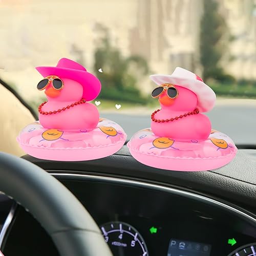 Miniatura 7 de wonuu Decoración de coche de pato de goma, accesorios para automóvil, adorno para tablero de instrumentos con sombrero de vaquero, anillo de