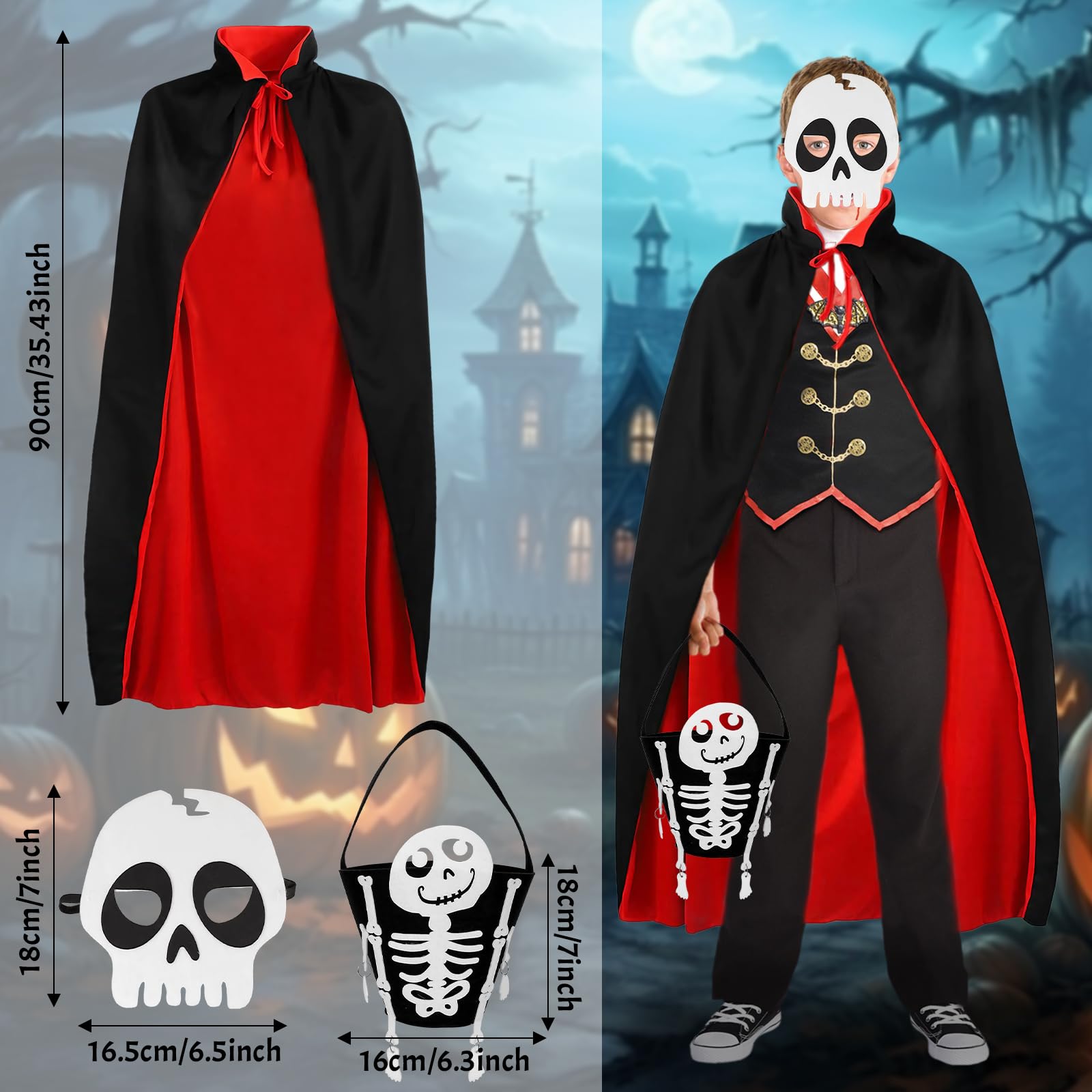Halloween Vampire Cape Black Red Stand-Up Collar Cape, Felt Masks Dress Up- Adjustable Sizes - Image 2