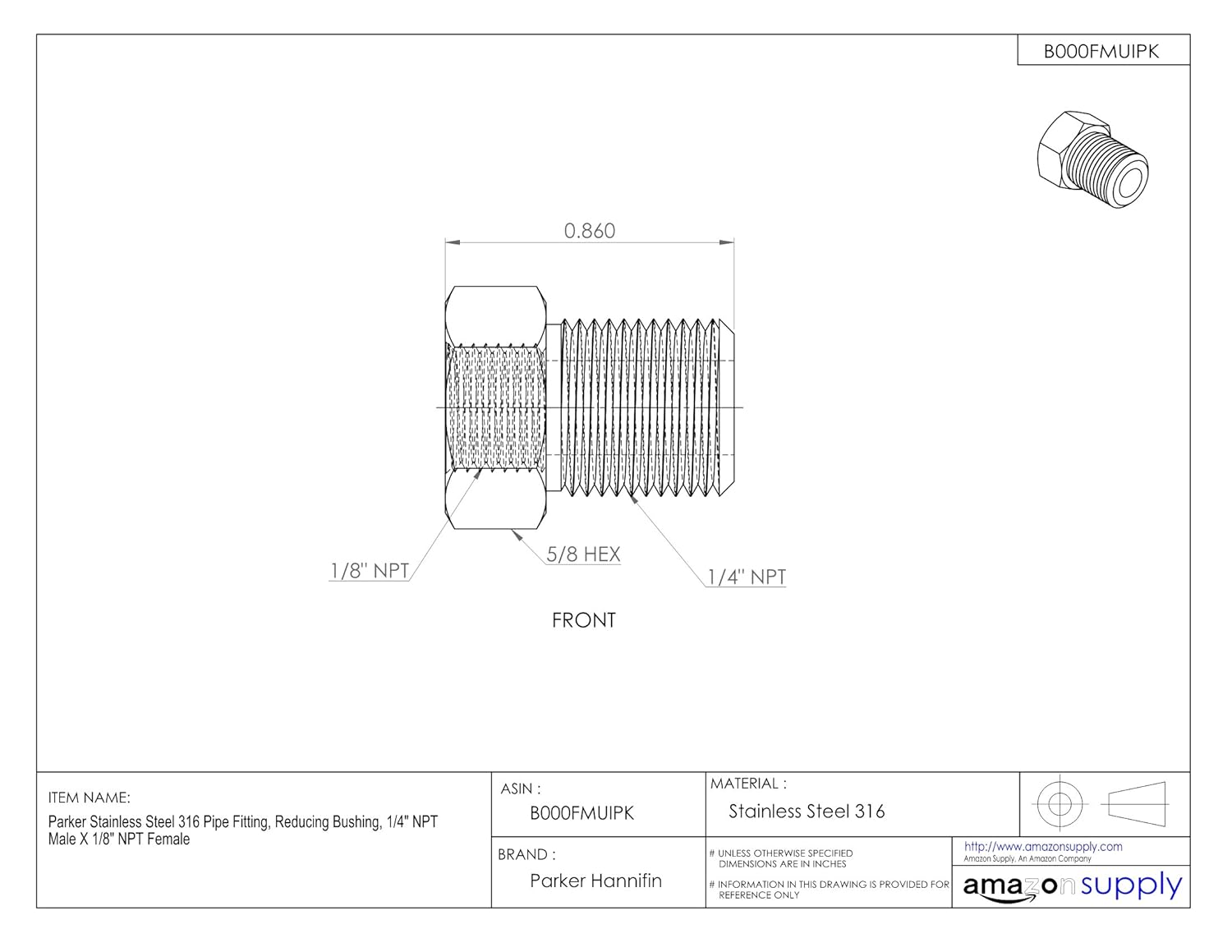 Parker Stainless Steel 316 Pipe Fitting Reducing Bushing 1 2 Npt Male X 1 4 Npt Female Amazon Com Industrial Scientific