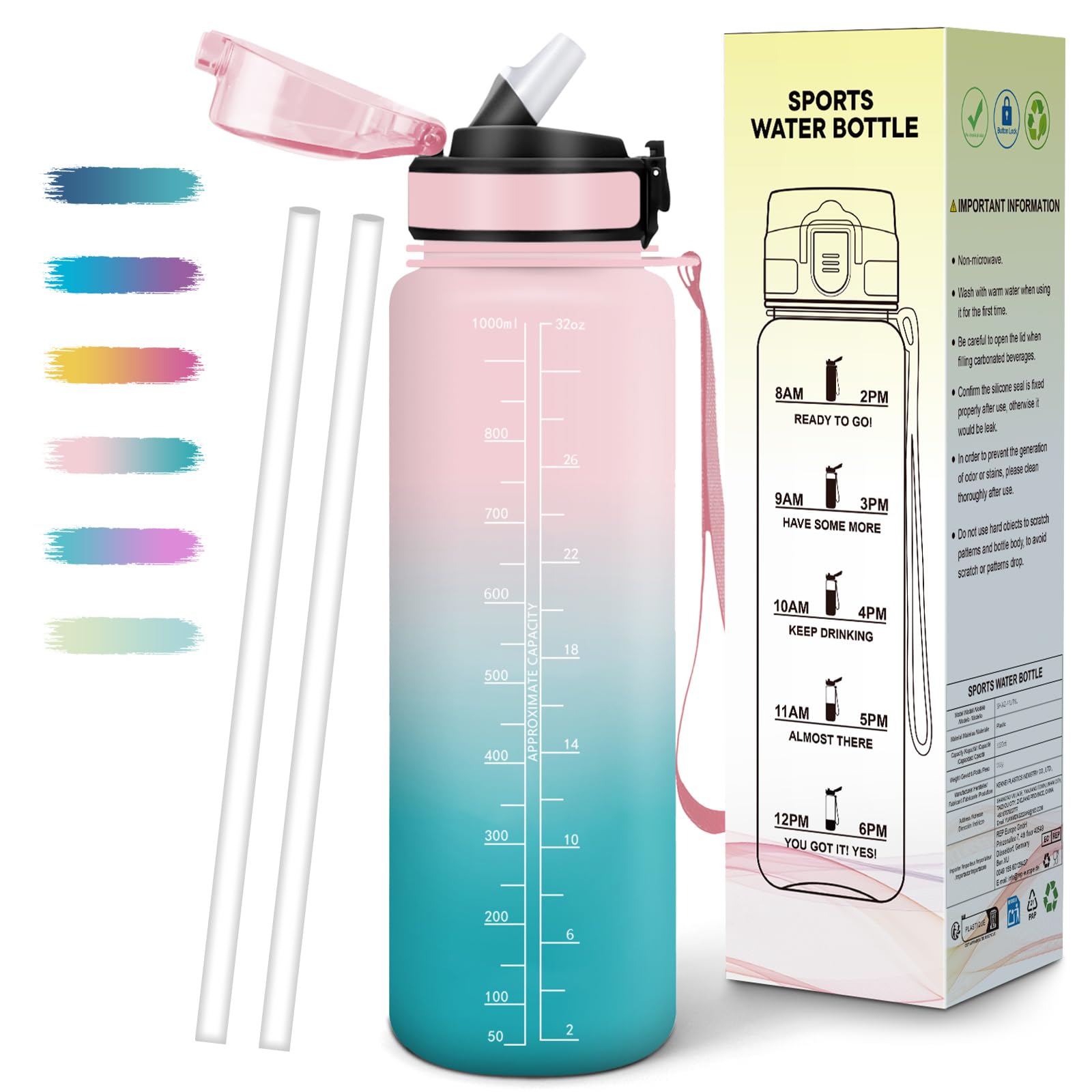 Mulbijeo Borraccia 1 Litro, Libre de BPA & Reutilizables, Borracce con Cannuccia, A Prova di Perdita, Borraccia Motivazionale, Portatile, Borracce Palestra per Scuola, Palestra, Ufficio, Festa