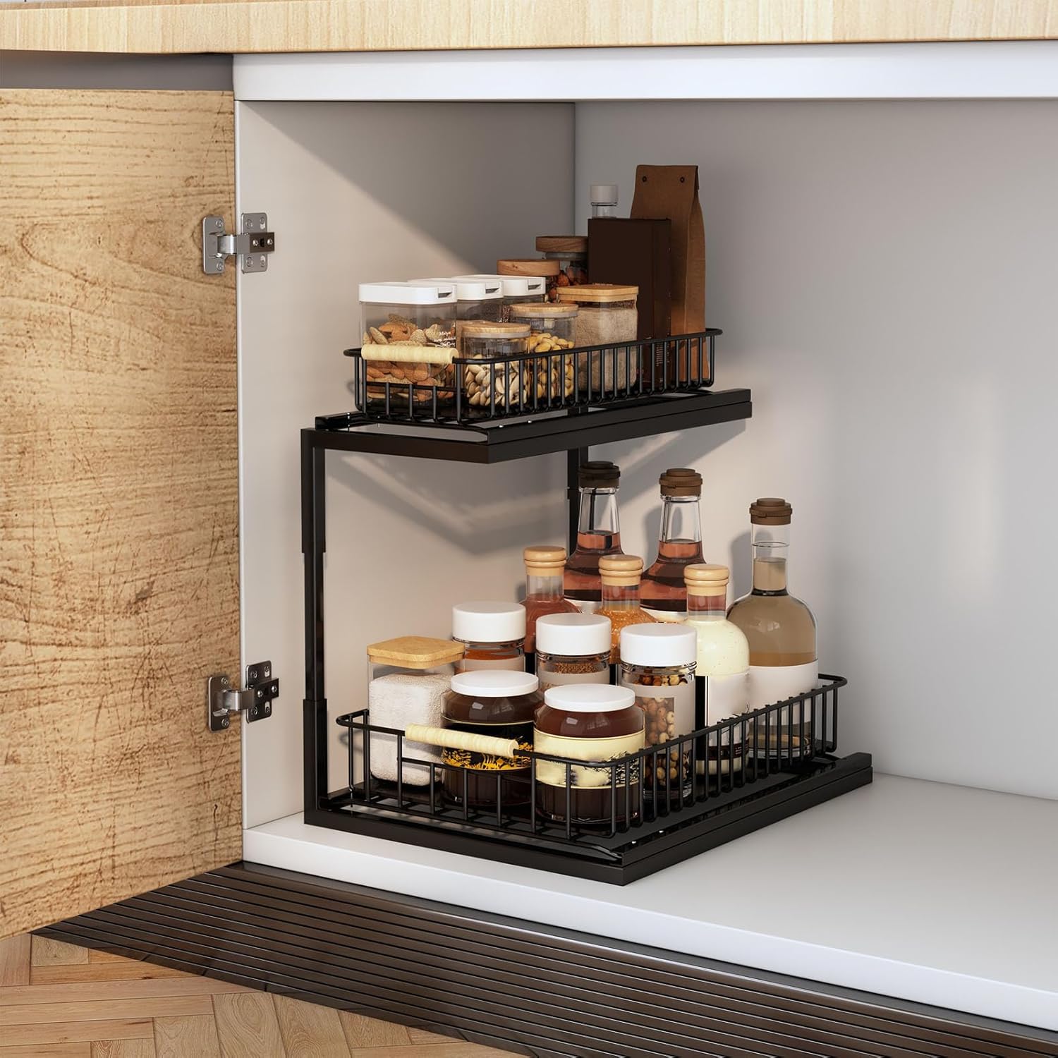 Tyenaza Under Sink Organizer, Under Sink Cabinet Shelf Multifunctional Slide Out Double Layer Spice Drawer Storage Sink Shelf for Bathroom Kitchen (Piano Black)