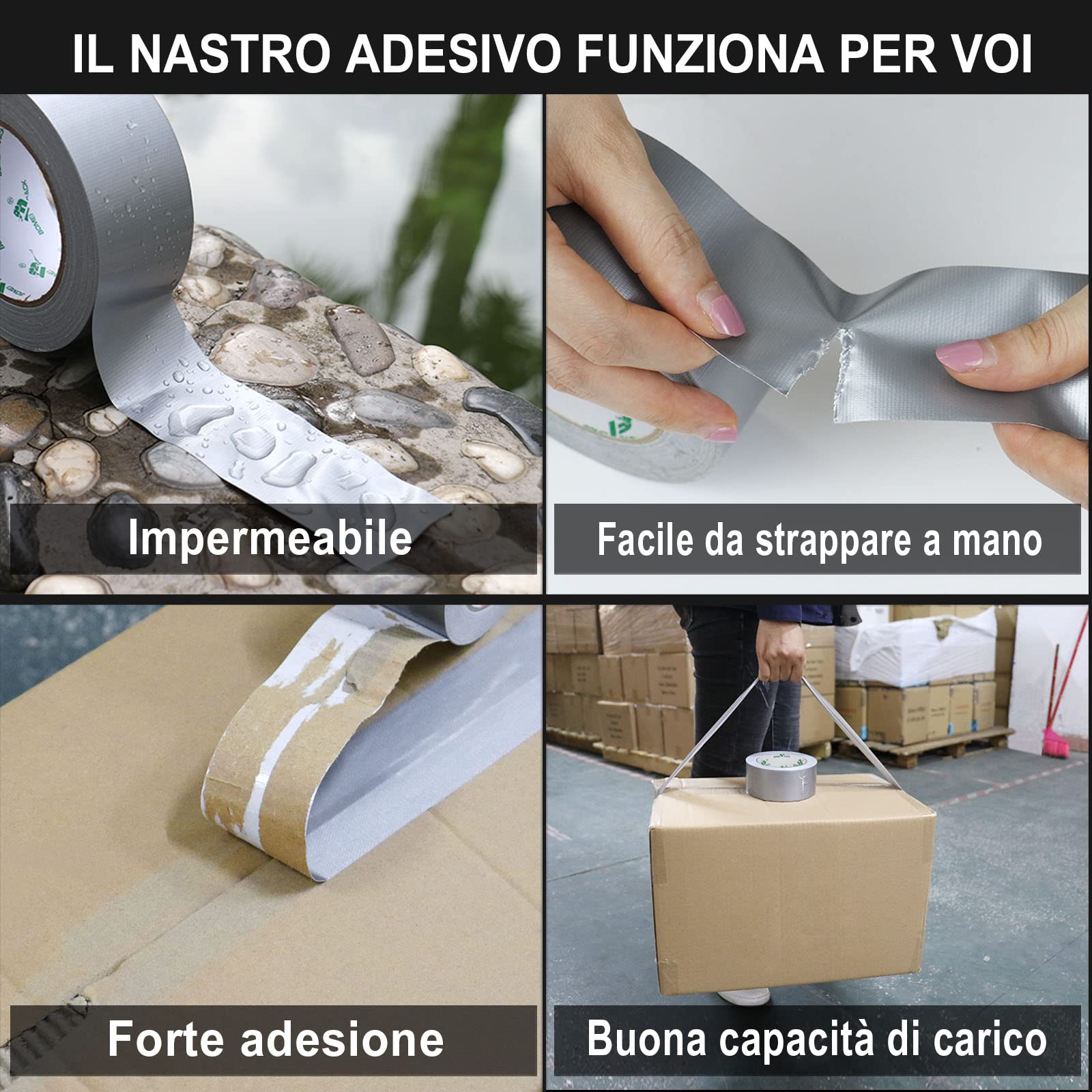 BOMEI PACK Nastro Adesivo Extra Forte, Nastro Telato Nero, Duct Tape 3 Rotoli 50 mm x 40 m per Lavori di Riparazione, Fissaggio, Sigillatura, Etichettatura e Ristrutturazione (GRIGIO)