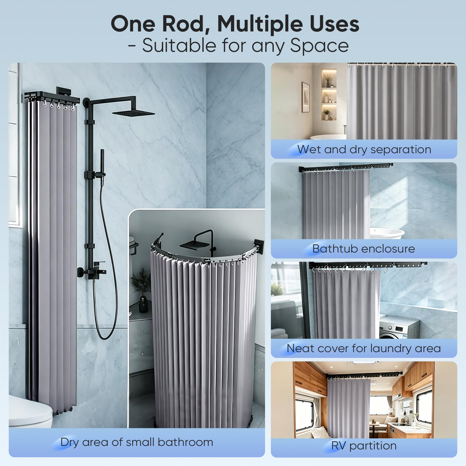 Tringle à rideau de douche pliable sans perçage - 1,8 m x 2 m - Avec tringle - Imperméable - Pliable 4/5 voies (Tringle à rideau de douche noire - Rideau de douche gris)