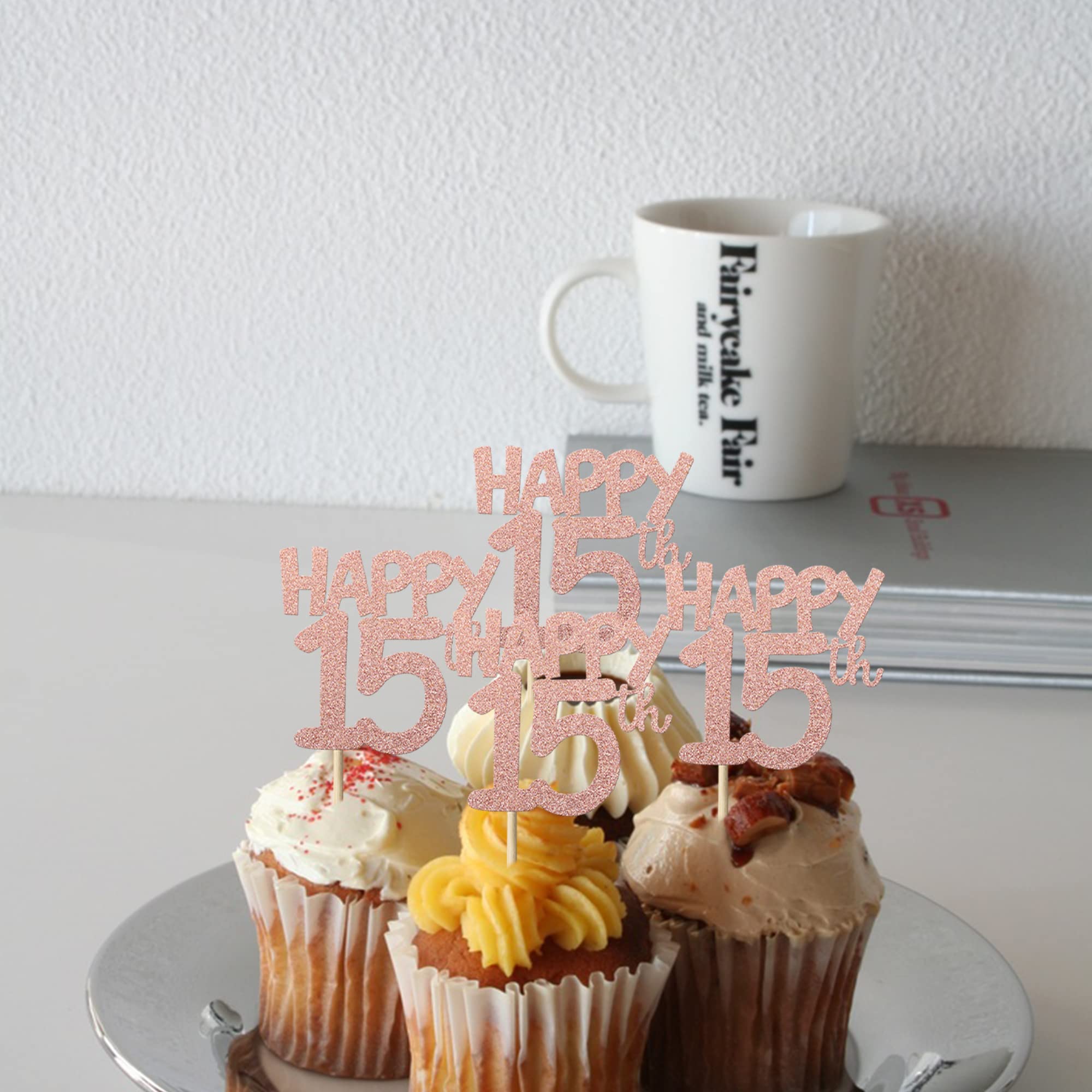 Paquete De 24 Adornos Para Cupcakes Con Purpurina Número 15, Quince Cumpleaños, Decoración Para Cumpleaños De 15 Años, Suministros De Fiesta De Aniversario De Boda, Color Negro