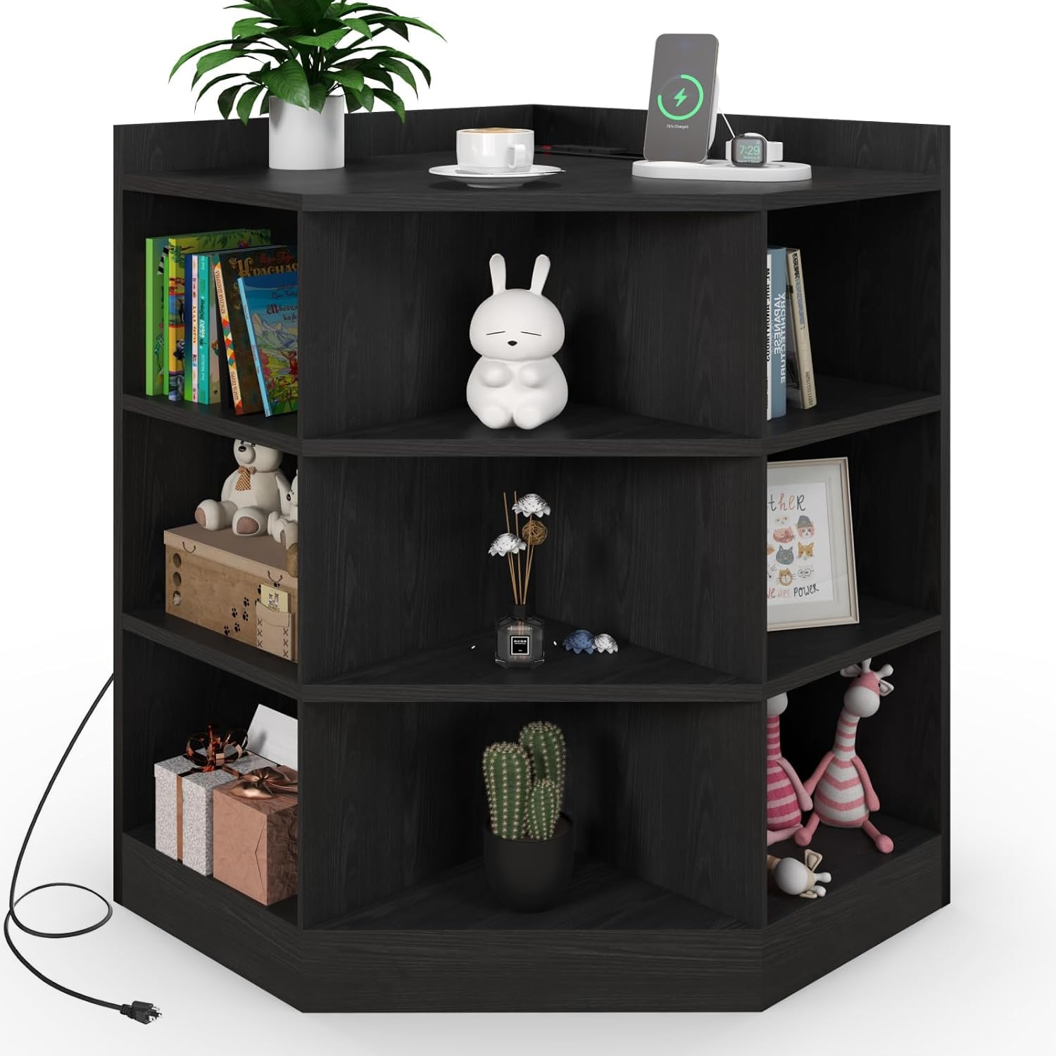 EvaStar Corner Shelf Cabinet with Charging Station, 9-Cubby Corner Bookshelf, Bookcase, and Table, Compact Corner Cube Storage & TV Stand for Small Spaces, Black