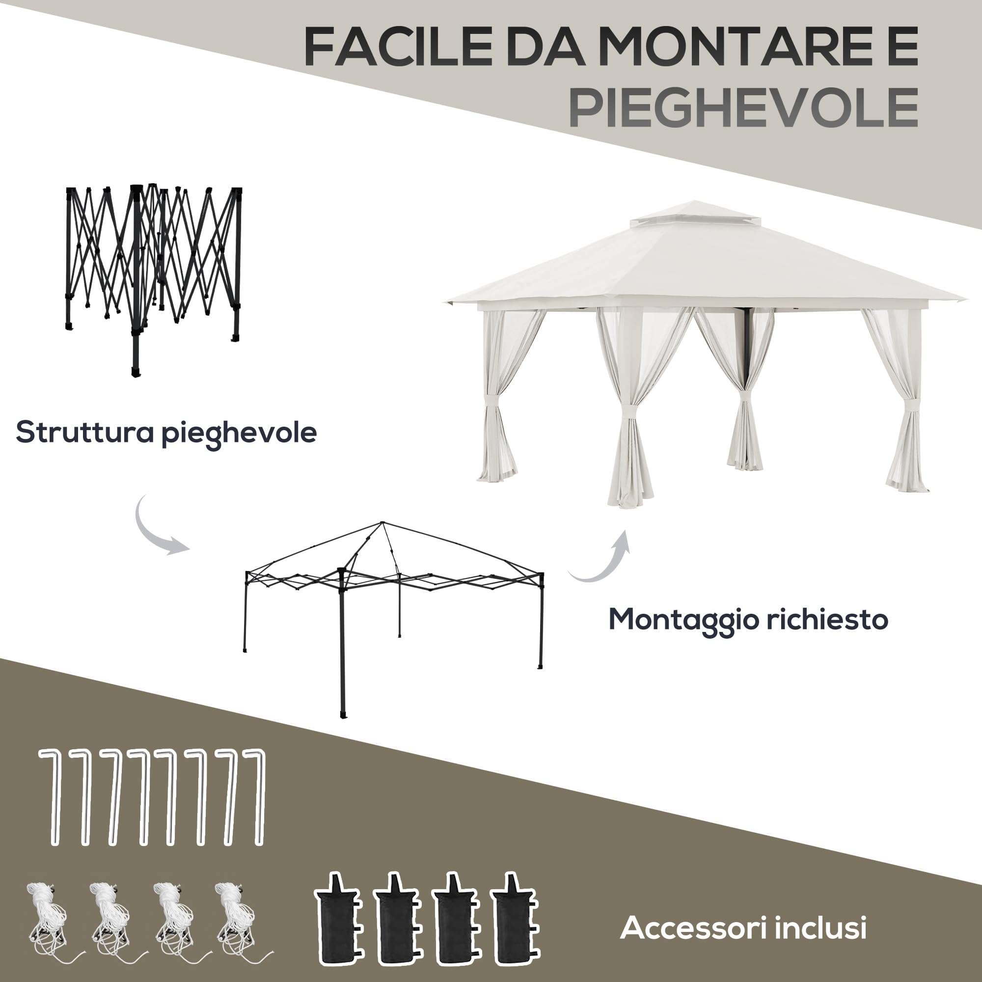 Outsunny Gazebo Pieghevole Pop Up 4x4 m ad Altezza Regolabile a 3 Livelli, Gazebo Esterno con Zanzariera, Sacchi di Sabbia, Borsa da Trasporto, UV50+, per Giardino Campeggio Feste, Crema