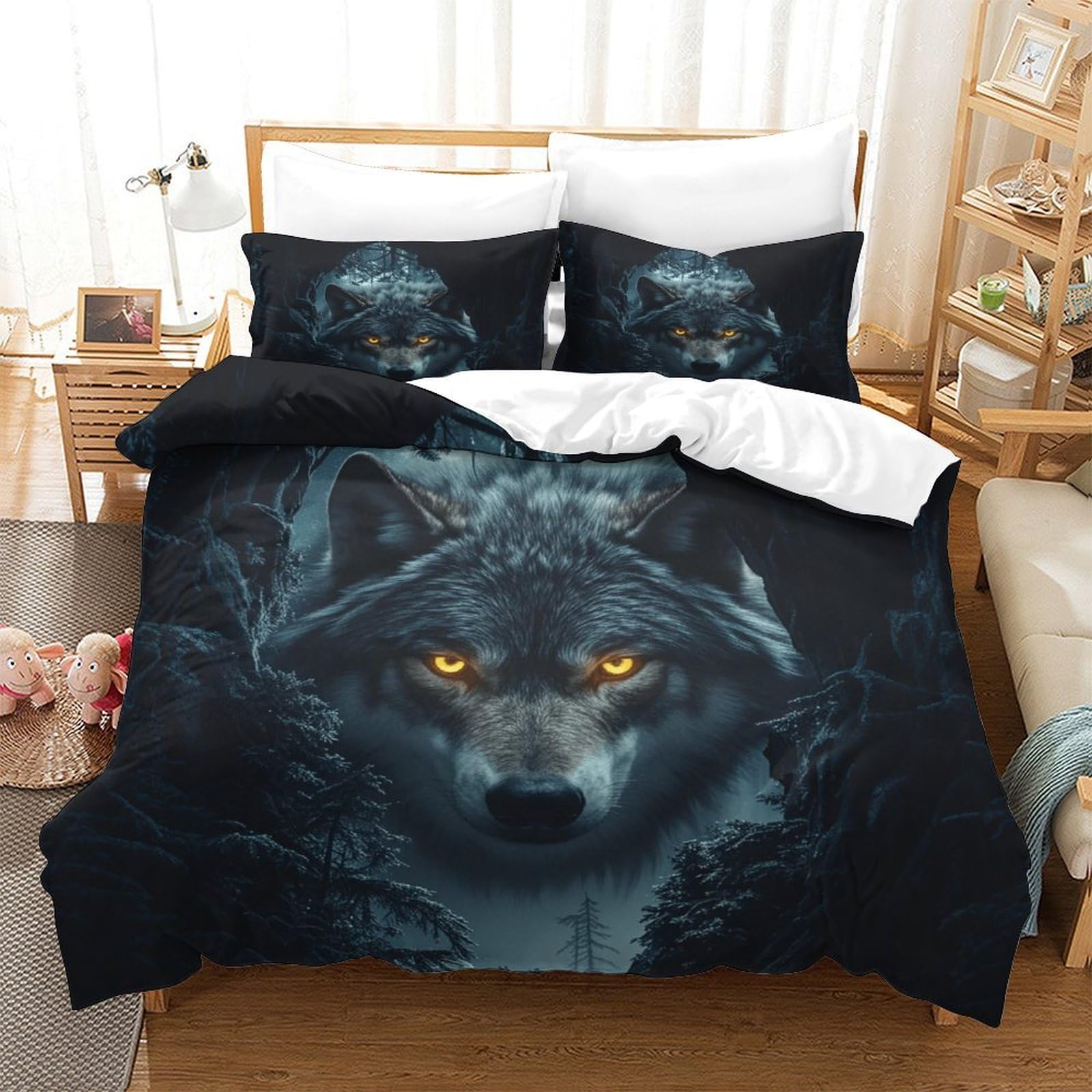 LILIlaobiao Breathable Lone Wolf Duvet Cover Set Double（200x200cm）, Quilt Cover Set Alpha Pair Theme with Pillowcases, Soft Microfiber Bedding Set Nice-looking