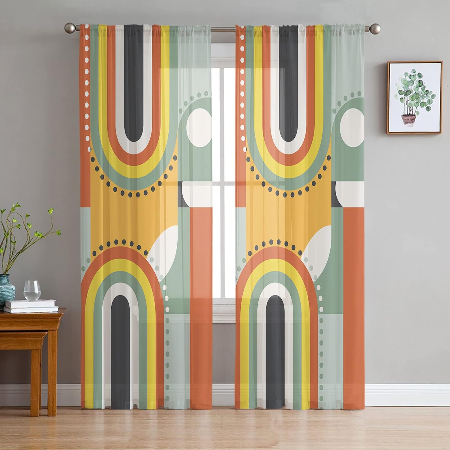 Sheer Curtains 108 Inches Long, Mid-Century Modern Art Geometric Abstract Yellow Orange Window Treatment Panels Rod Pocke Curtain Voile Drapes for Bedroom/Living Room Each 52" W x 108" L