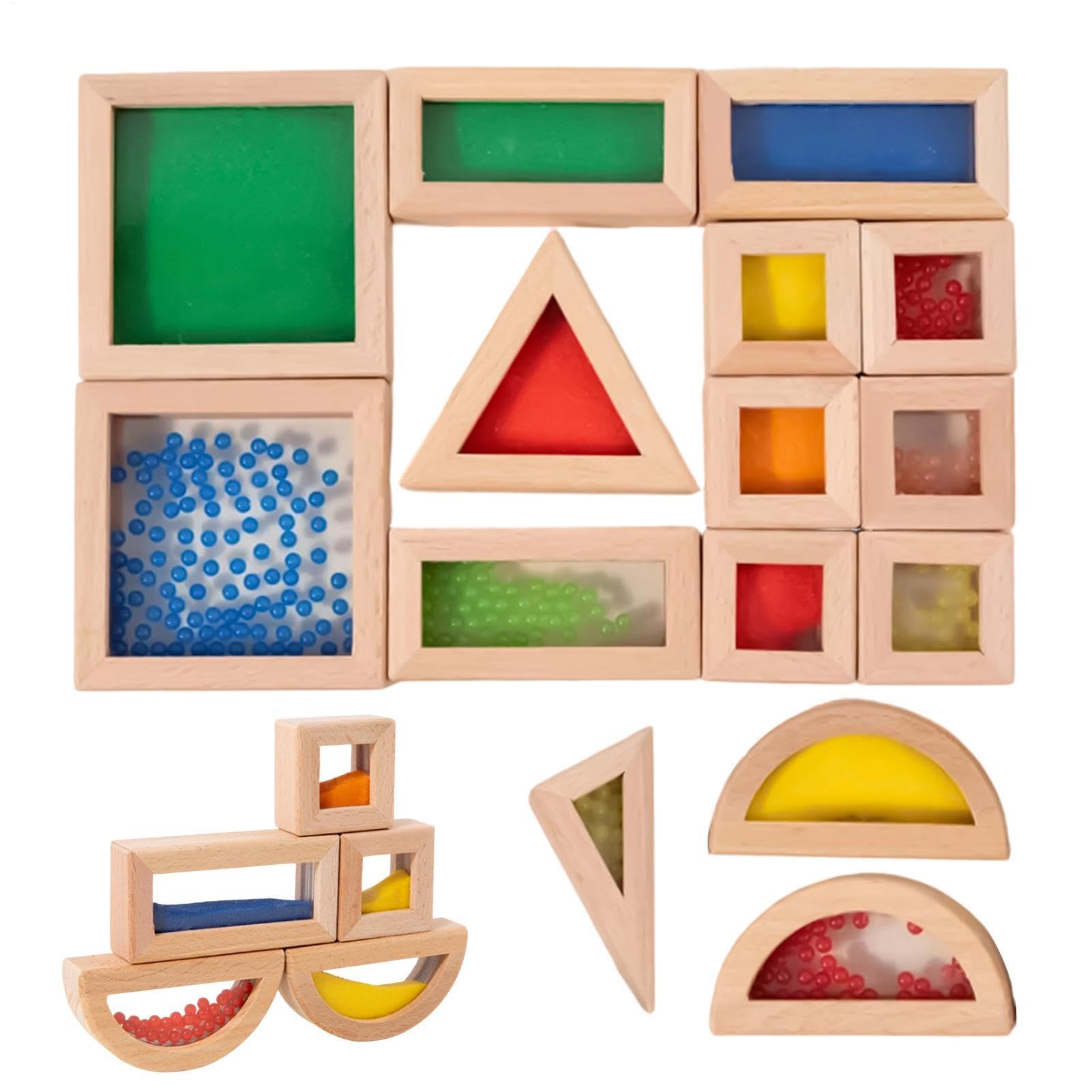 Sensory Blocks 15-Piece Wooden Building Set, STEM Educational Sorting Toy with Acrylic Rainbow Window, Sensory Learning for Boys Girls Ages 4-6, for Home Kindergarten Travel