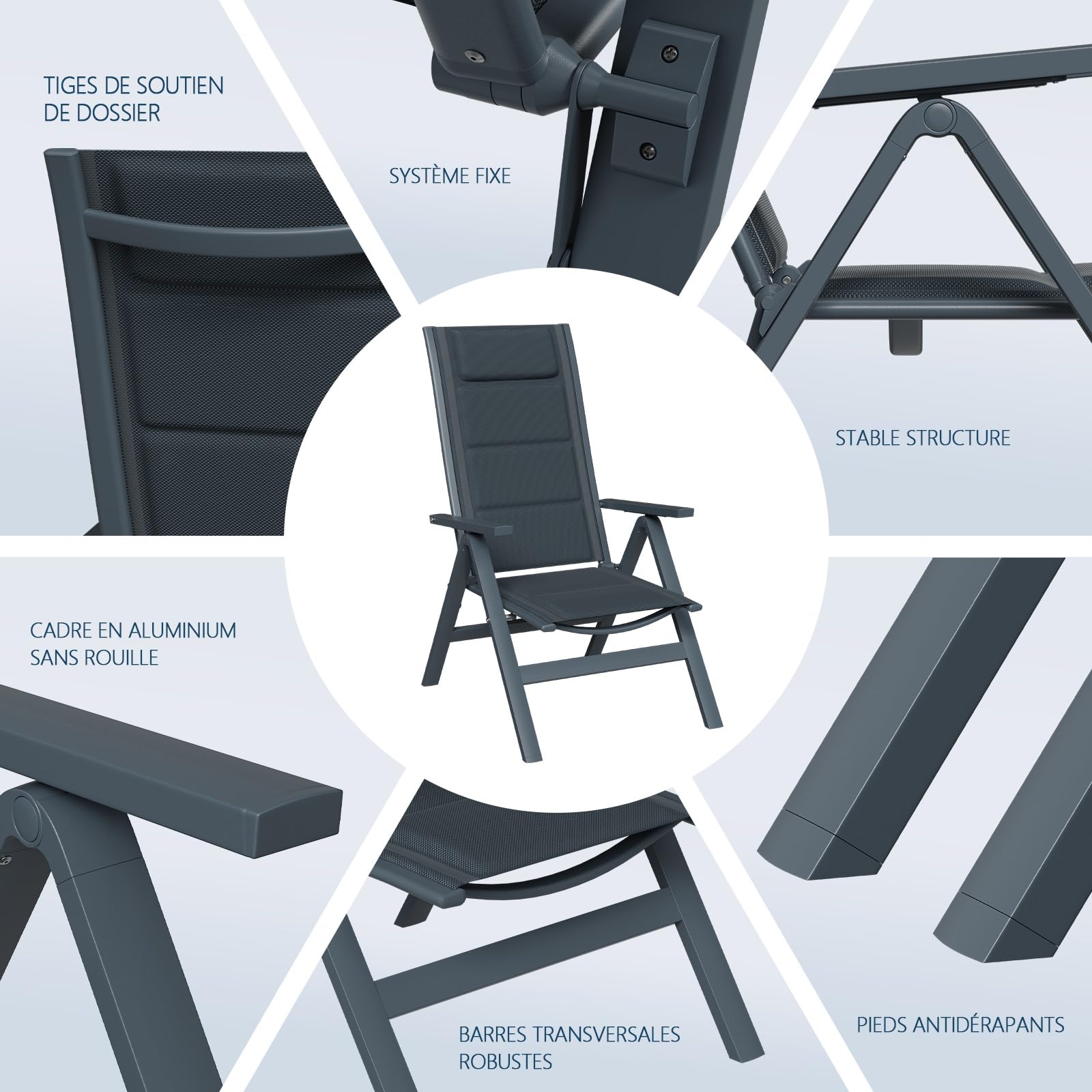 Devoko Lot de 2 Chaises de Jardin Pliantes Aluminium - Fauteuil de Jardin Exterieur Réglables sur 7 Positions, Portable Chaise à Dossier Haut Adapté à Toutes Tables pour Jardin, Terrasse, Piscine