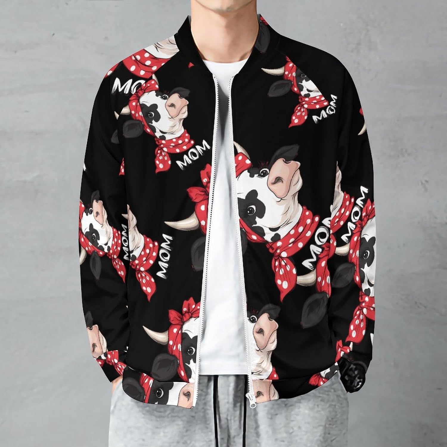 Cow-Print Farm Mama Men's Zip Up Sweatshirt Casual Sweater Jackets Long Sleeve Tops Lightweight Coat