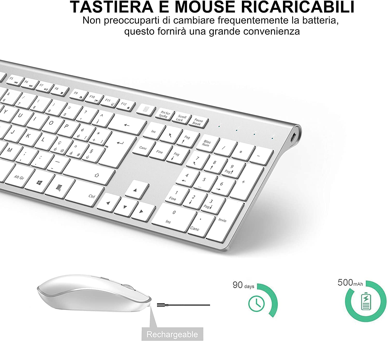 JOYACCESS Tastiera e Mouse Wireless Ricaricabile,Full Size Compatto Tastiera Mouse Wireless Costruito in 500mA Ricaricabile Batteria,2,4 GHz Tastiera WirelessLayout Italiano QWERTY per PC,Laptop