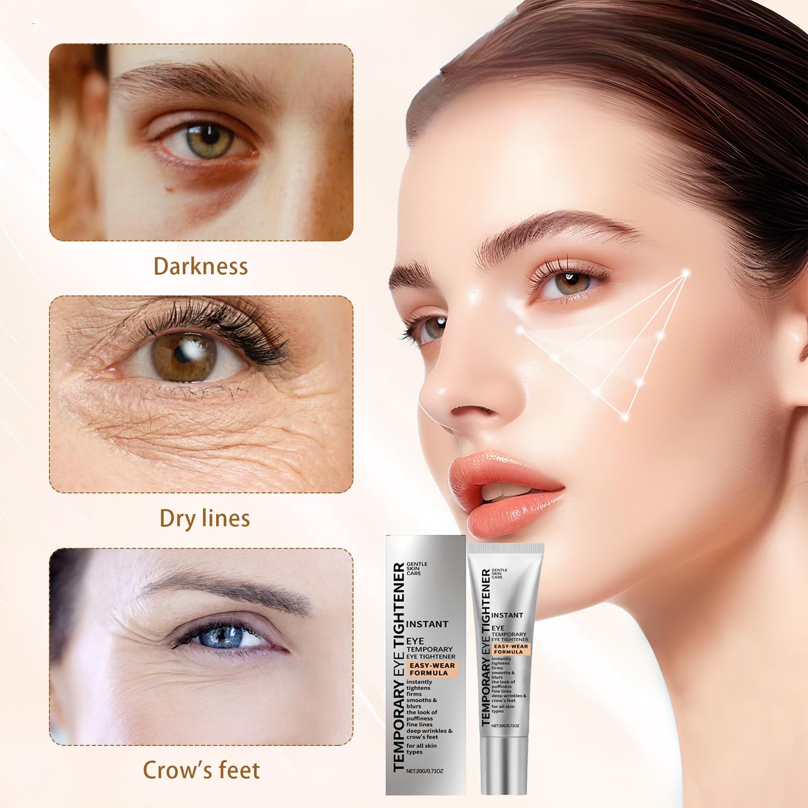 3 Stück Instant Face Tightener Cream Perfection Primer Tightener,mit 3 Pinseln,Sanfte Pflege,Feuchtigkeit,Feuchtigkeit für Die Haut Rund Um Die Augen,Geeignet für Alle Hauttypen