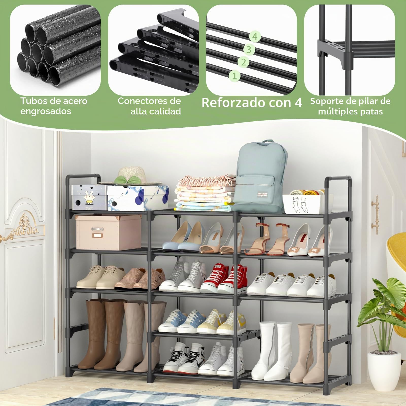 Mueble Zapatero de 5 Niveles Que Ahorra Espacio, de Metal para 30 Pares de Zapatos, Negro, Adecuado para Salas de Estar y Recibidor