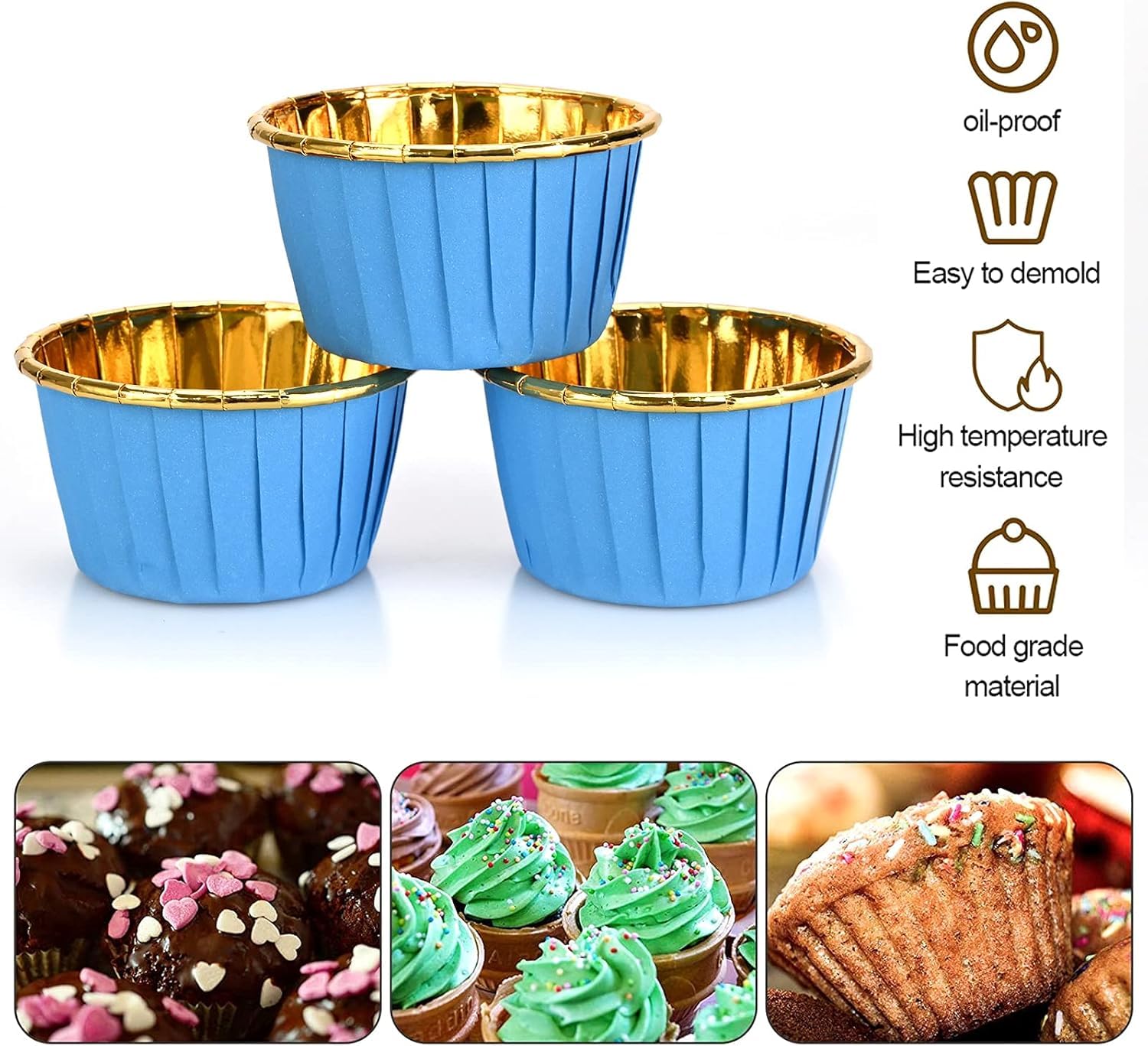 100 stuks cupcakevormpjes, taartmuffinvoeringen, vetvrije folie bakbekers papieren wikkels, metalen taartbekers huishoudelijke oven verjaardag bruiloft muffins gebakvormen (3 # blauw