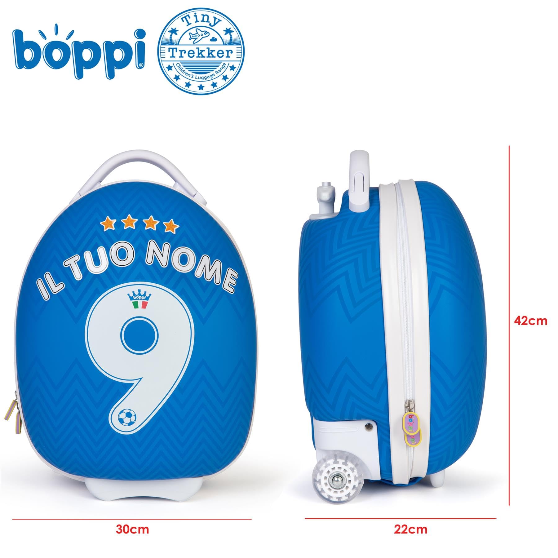 boppi Tiny Trekker Trolley Bagaglio a Mano per Bambini con Scritta Personalizzata - Valigia Bagaglio a Mano da Cabina con Ruote 17L - Calcio Italia Euro 2024