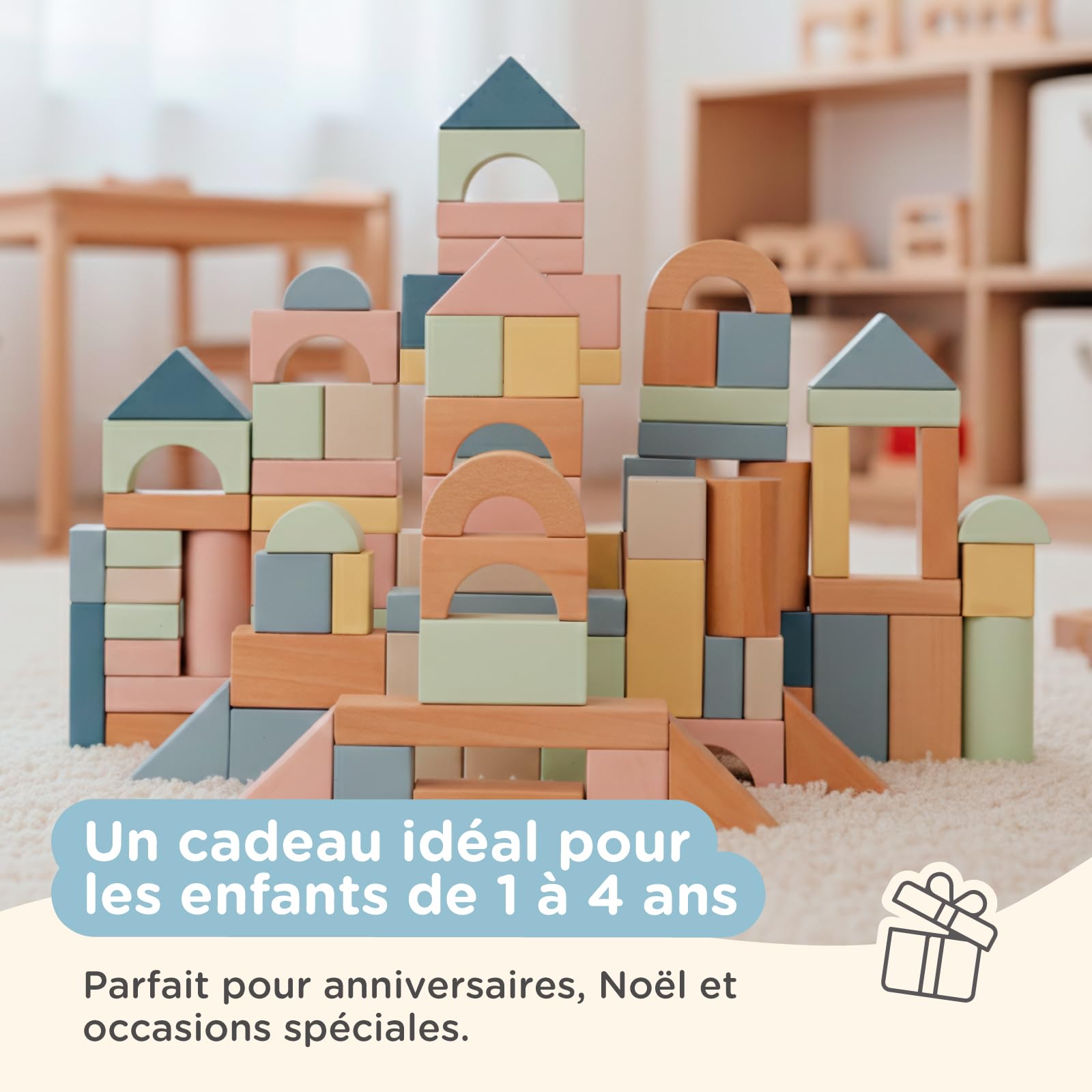Nene Toys Blocs de Construction en Bois 100 Pièces – Blocs Pastel en Bois FSC pour Enfants dès 1 an – Jeu Montessori d’Éveil, Empilage & Tri pour Filles & Garçons – Idée Cadeau 1 2 3 Ans