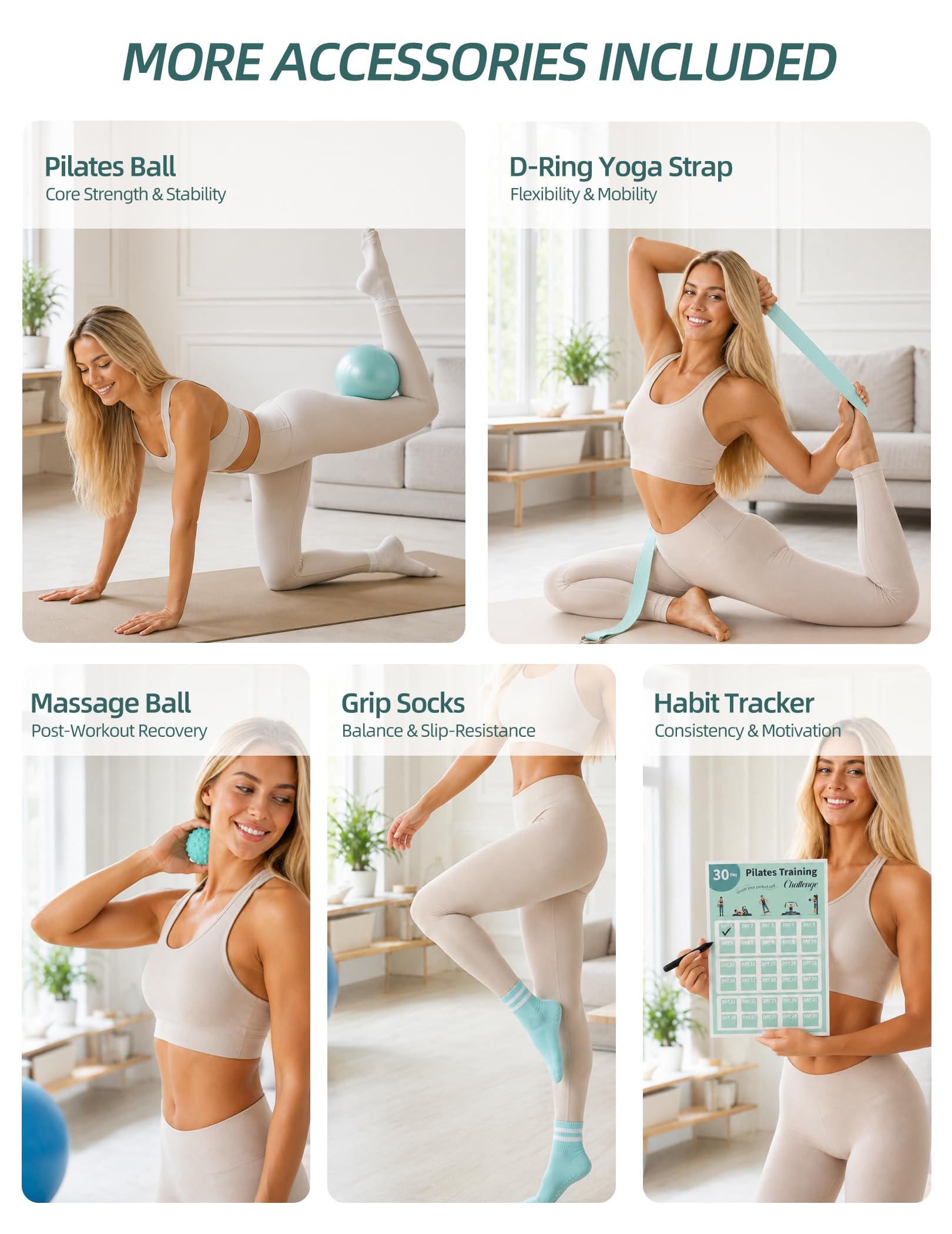 Zestaw pilates Essentials dla kobiet, zestaw do pilatesu do ćwiczeń domowych z pierścieniem do pilatesu, mini piłką, opaską oporową, paskiem do jogi, skarpetkami, torbą, sprzętem do pilatesu dla