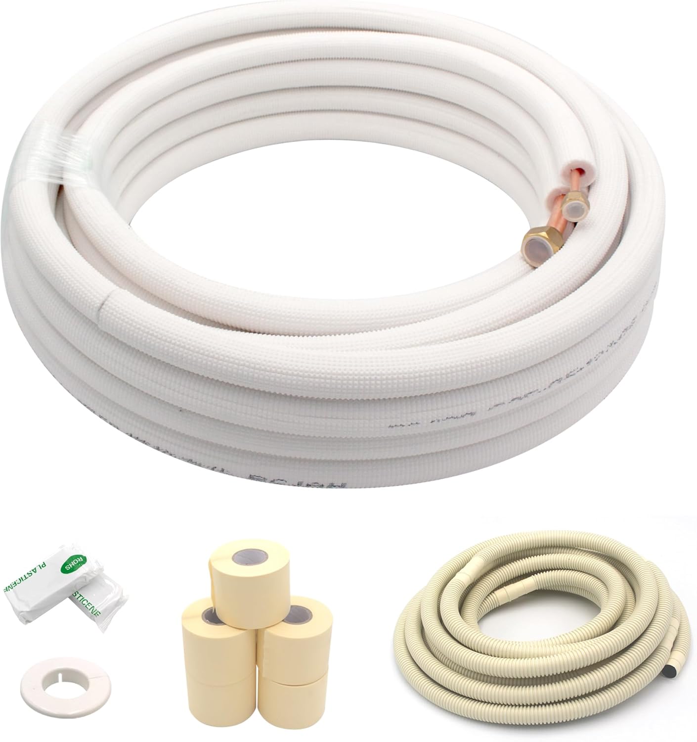 TAUROX 33FT Mini Split Line Set 3/8 & 3/4 O.D Copper Pipes Tubing and 3/8 White Thickened PE Insulation Coil, for Mini Split Air Conditioning or Heating Pump Equipment and HVAC with Flared Nuts.