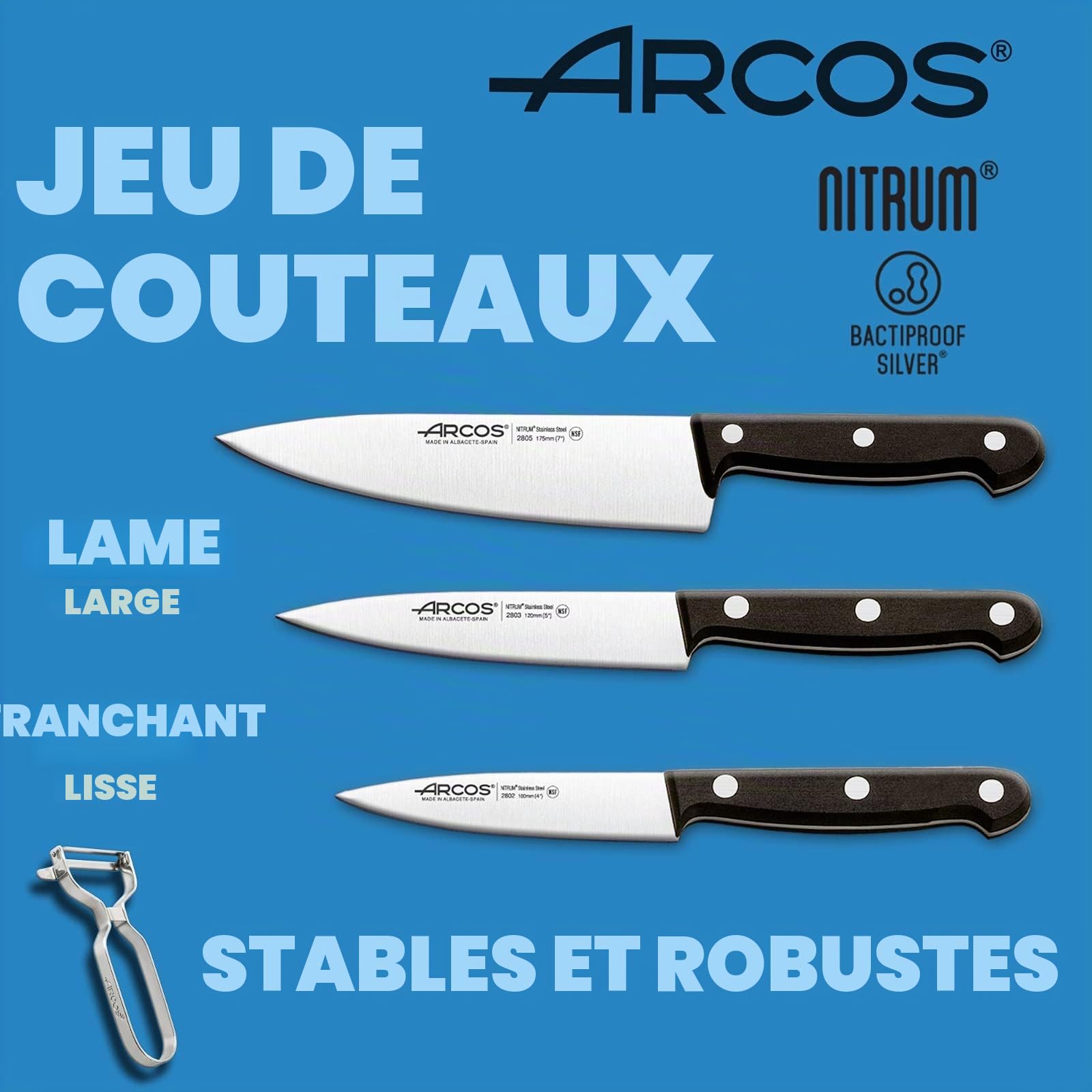 Arcos Jeu de Couteaux de Cuisine Professionnels | Comprend éplucheur de Pommes de Terre | Couteaux de Cuisine Professionnelle et éplucheur Pommes de Terre | 4 pièces Set Couteaux | Manche Noir