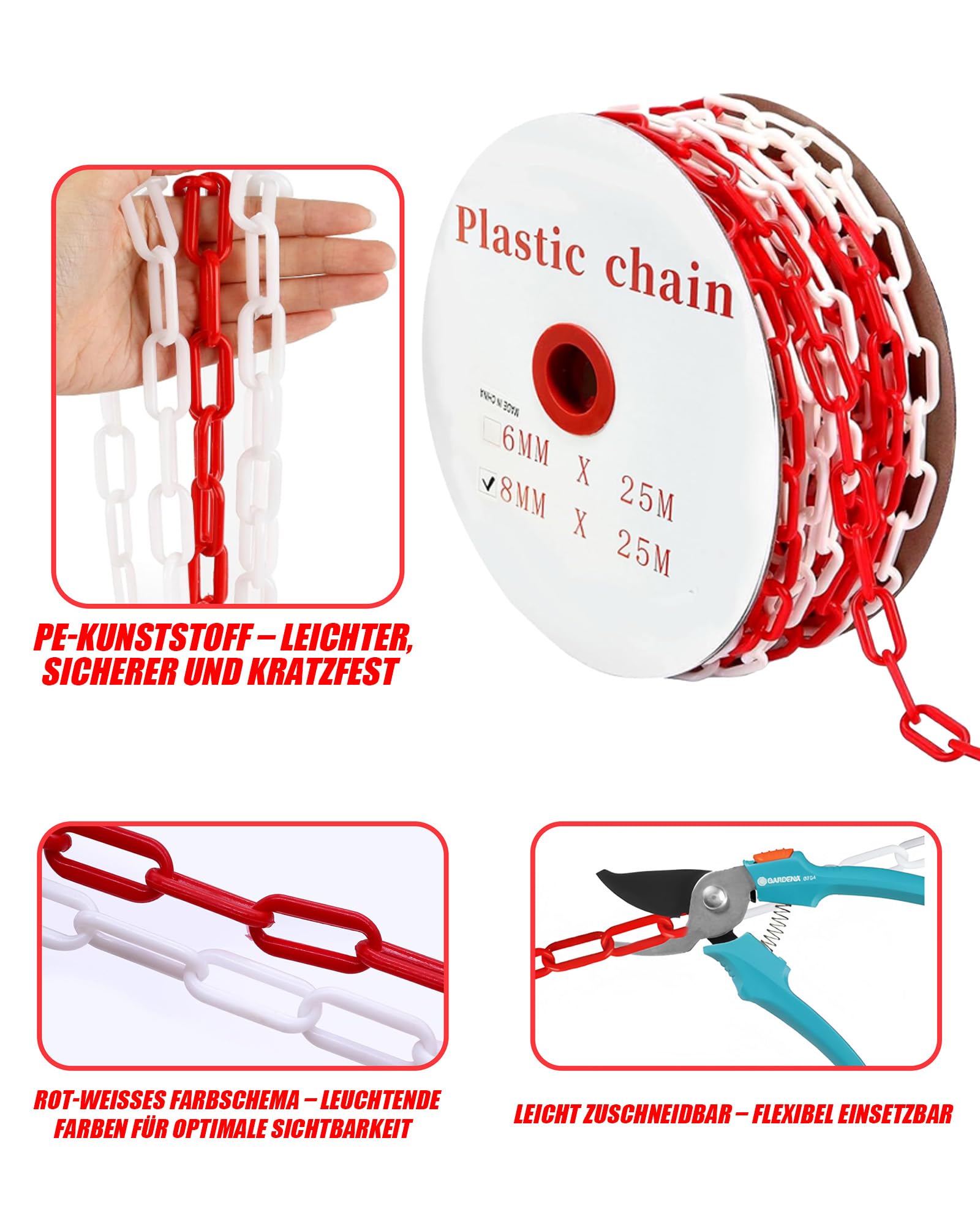 Chaîne de barrière en plastique rouge et blanc - 25 m - 8 mm d'épaisseur - Chaîne pour barrières | Chaîne d'avertissement légère pour allées, lieux de travail et garages, bien visible et facile à monter