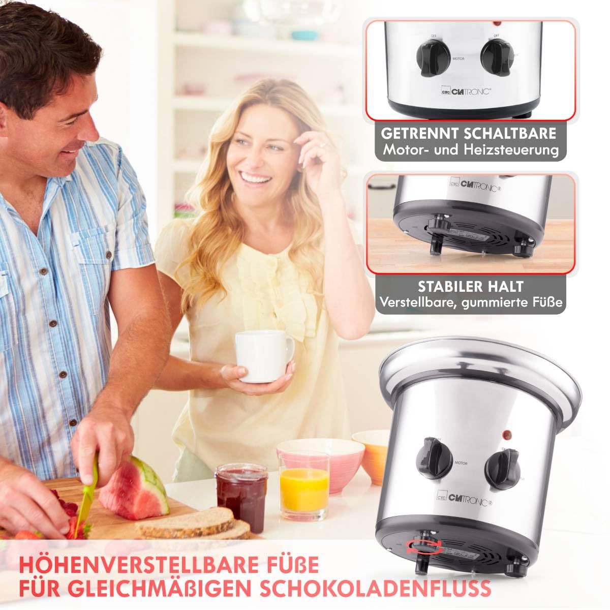 Clatronic® Fontaine à chocolat | pour fruits et pâtisseries | chocolat chaud et liquide pour brunch, fête, Noël, Nouvel An | bol de récupération profond + fontaine en acier inoxydable | SKB 3248