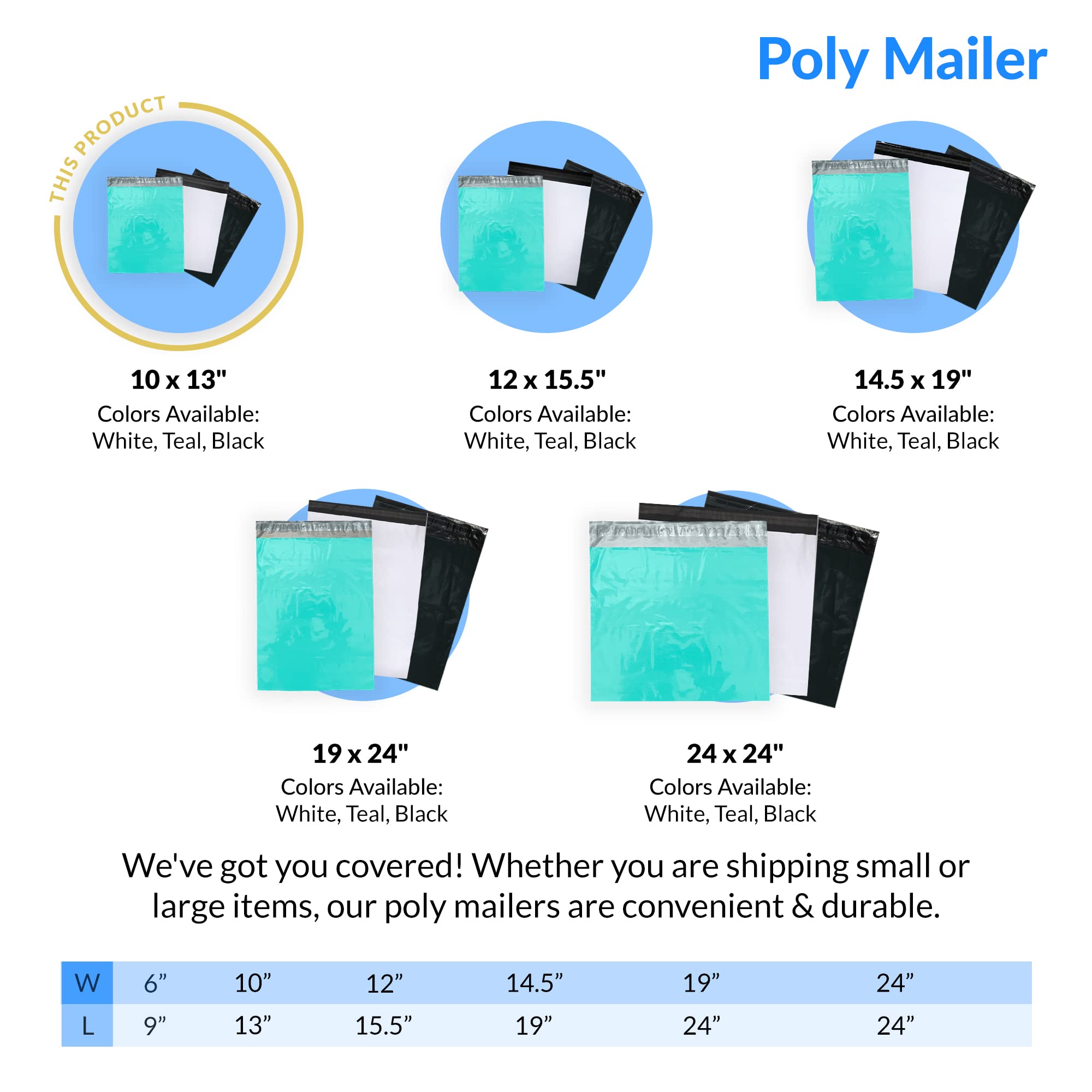 Enveloppes d'expédition en polyéthylène 25,4 x 33 cm – 400 cspk – Bleu sarcelle