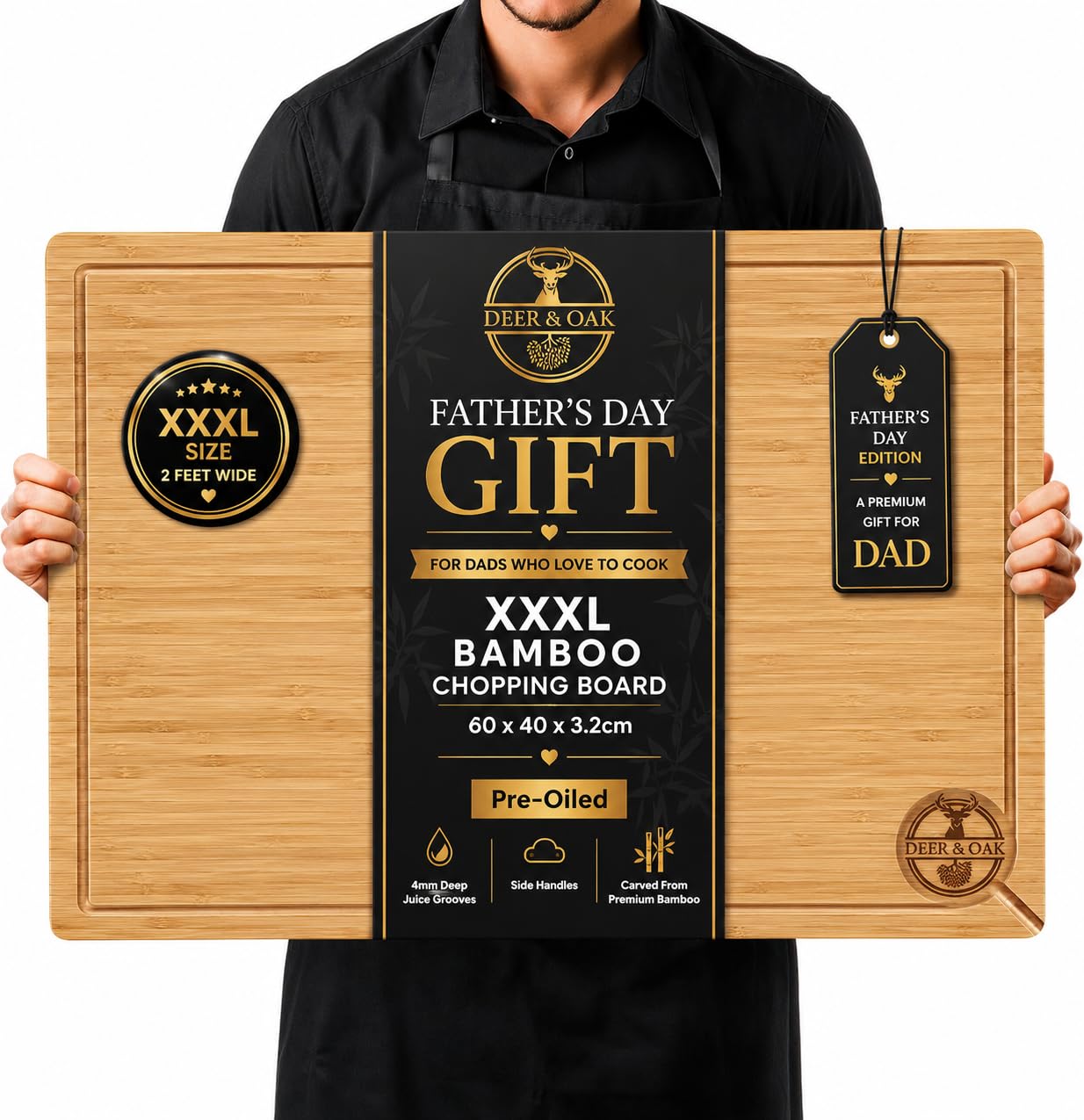 Deer & Oak XXXL Bamboo Chopping Board 60 x 40 x 3.2cm – Double Sided with Juice Groove Both Sides, Pre Oiled Extra Large Wooden Cutting Board for Carving, Serving, Worktop & Hob Cover Use — image 1