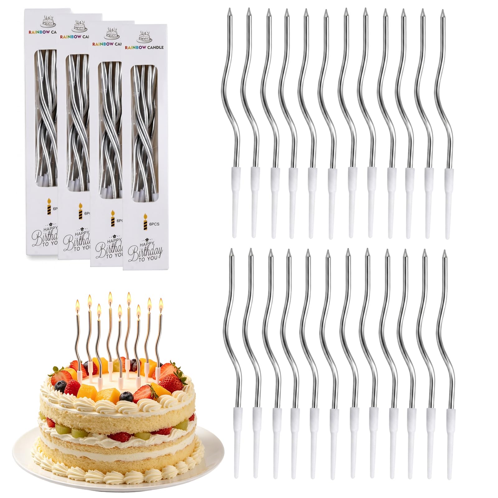 Birthday Cake Candles, 24 PCS Spiral Birthday Candles with Holder for Children & Adults, Decorative Cake Candles for Birthday Cake, Wedding Party, Anniversary, Graduation (Silver)