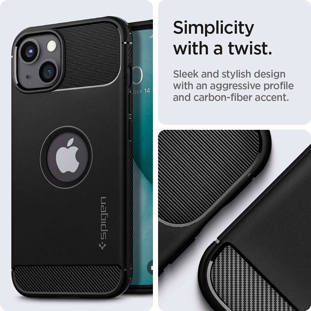 Image of Spigen Rugged Armor case installed on an iPhone 13 mini, showcasing its sleek design and carbon fiber accents.