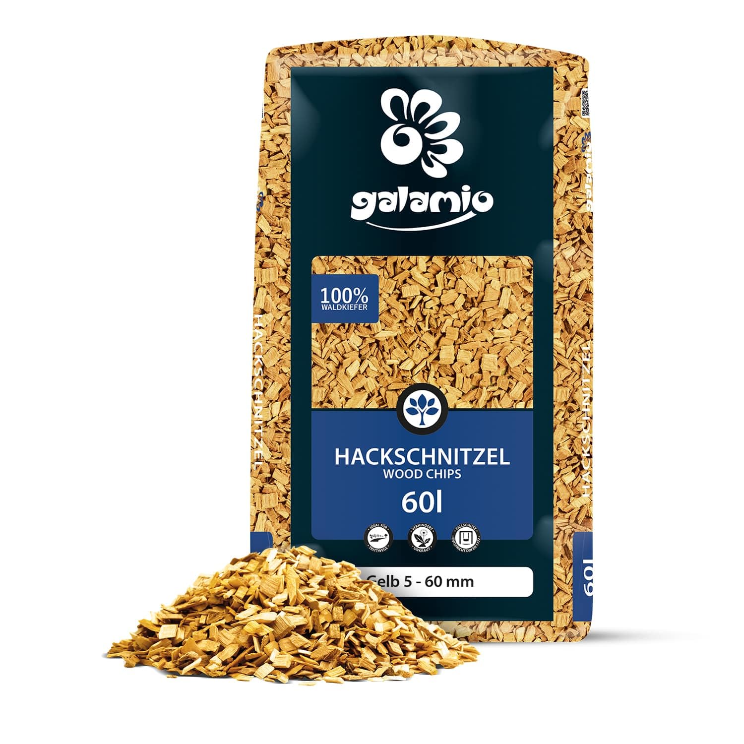 GALAMIO Holzhackschnitzel Gelb Kiefer 5-60 mm- 720L (12 x 60L) - Farbiger, natürlicher Unkrautschutz