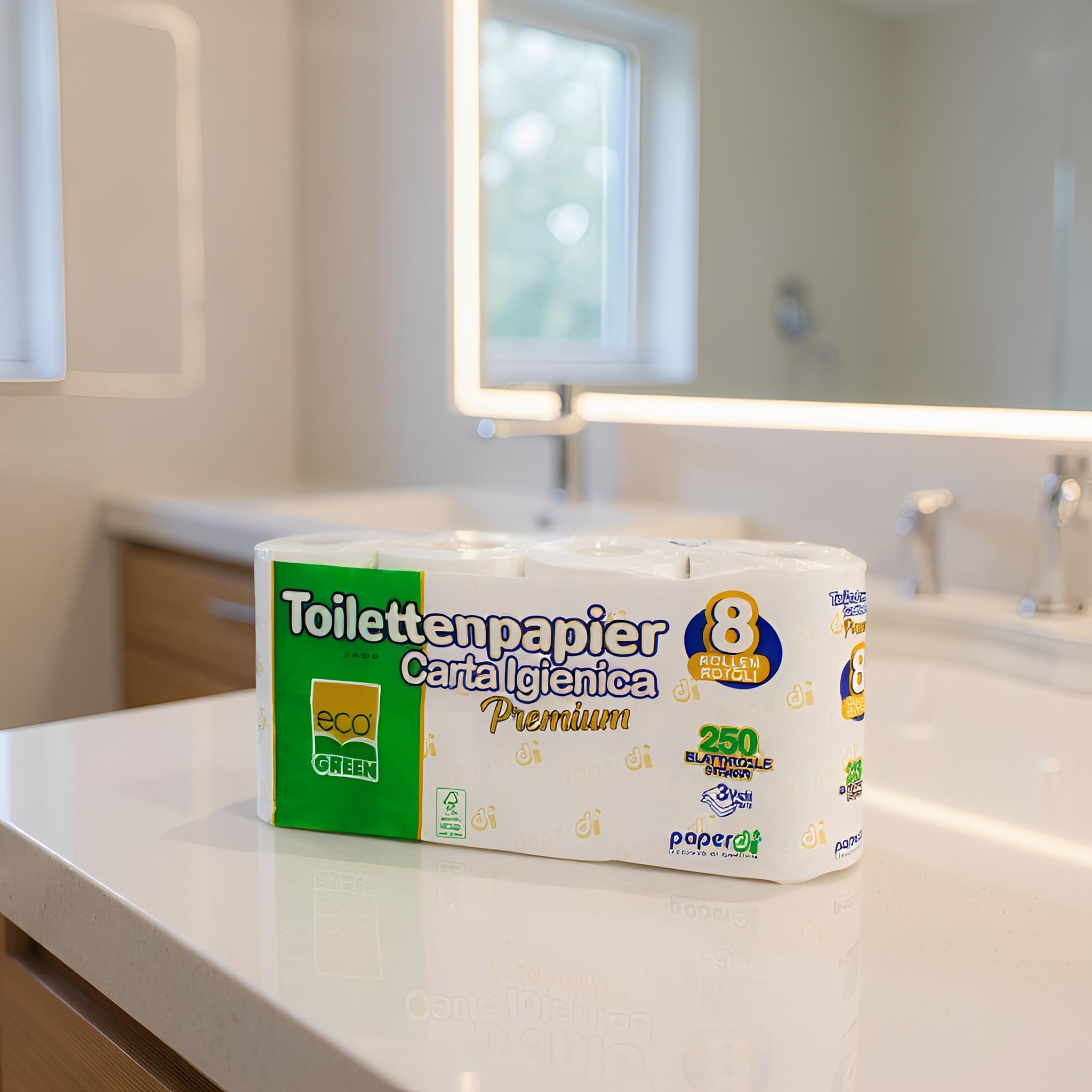 64 Rollen Premium-Toilettenpapier | günstige Großpackung | 3-lagig | je 250 Blatt | weich und saugfähig | 100% Recyclingpapier | Lieferumfang: 8 x 8 = 64 Rollen im Beutel