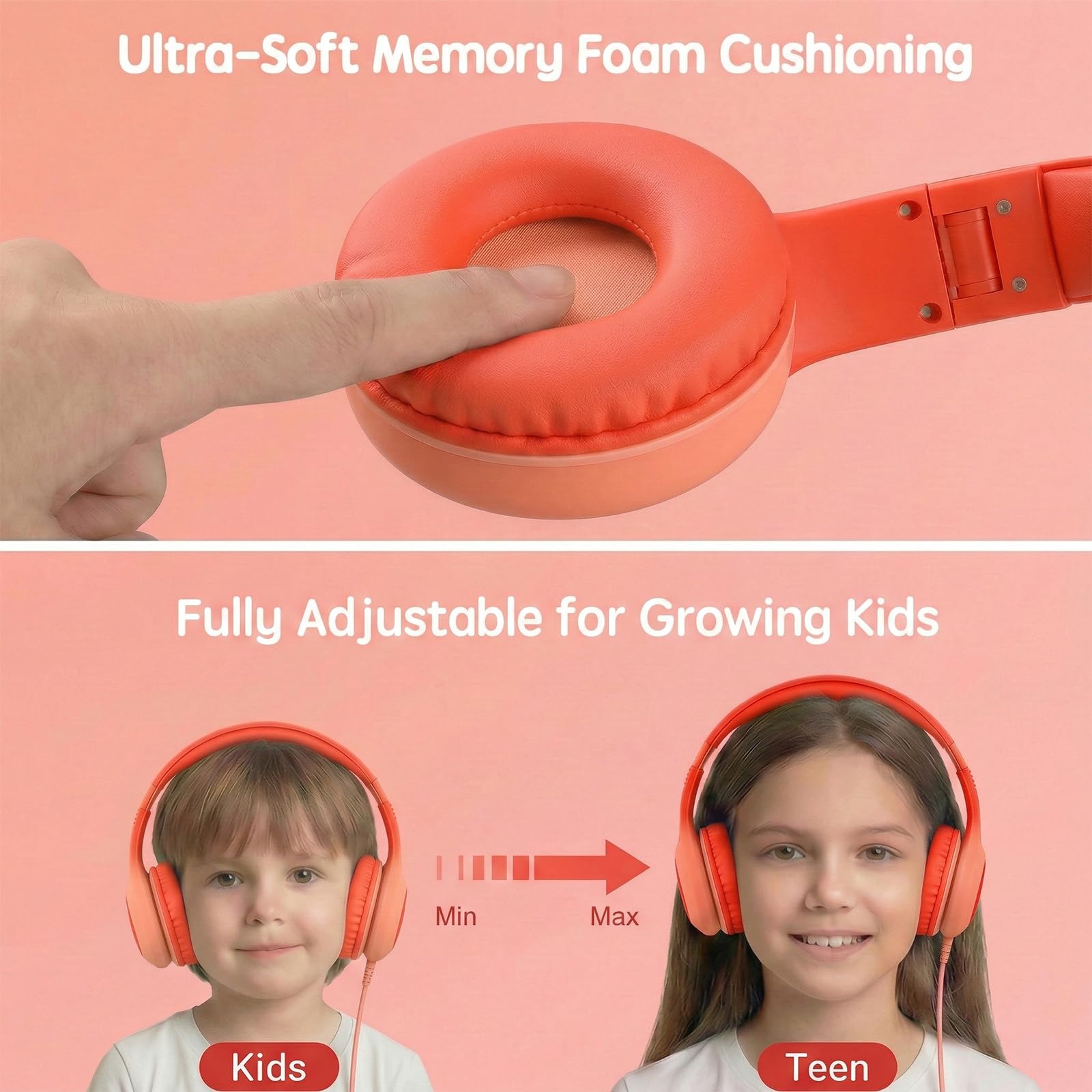 ADOOPE Cuffie cablate per bambini con spina USB C, limitazione del volume di 85 dB, protezione dell'udito sicura, archetto regolabile, senza grovigli, cuffie per scuola, tablet, viaggi (rosso sfumato)