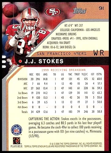 Miniatura 2 de 2000 Topps Stadium Club J.J. Stokes #91 NM Near Mint San Francisco 49ers