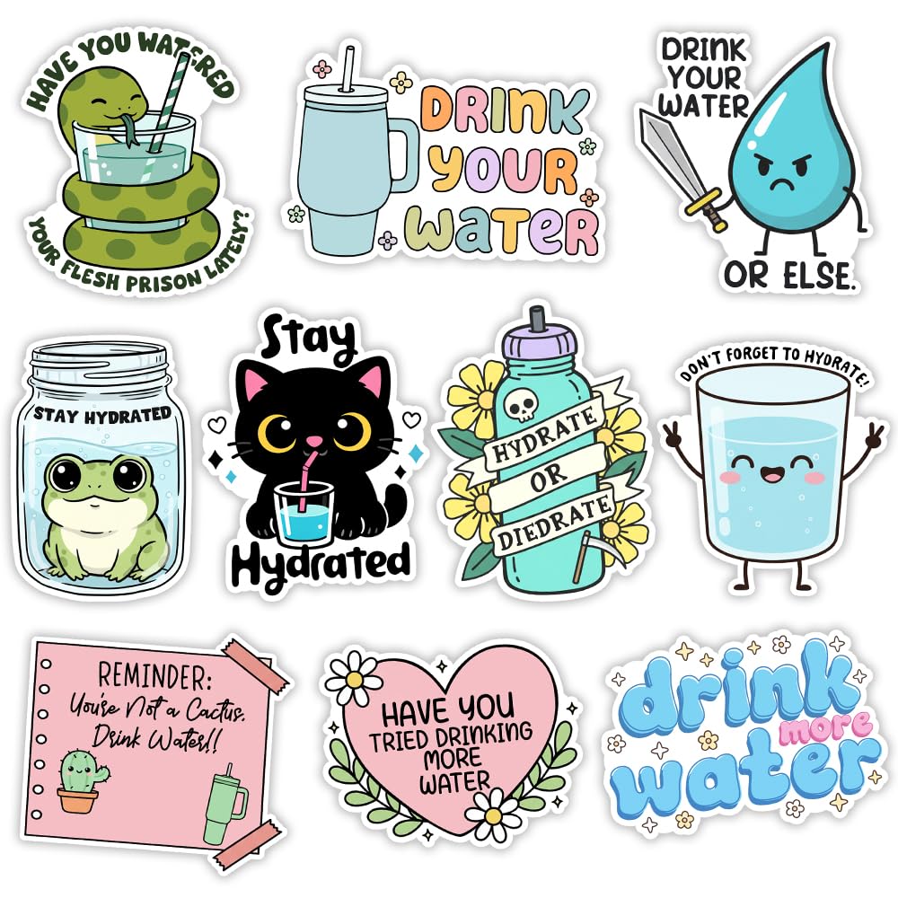 MAIANEY (3in) Funny Drink Water Reminder Stickers 10Pcs – Hydration Quote Vinyl Stickers for Water Bottles, Laptop, Tablet, Desk, Planner, Tumbler, Cup, Mug, Vehicle