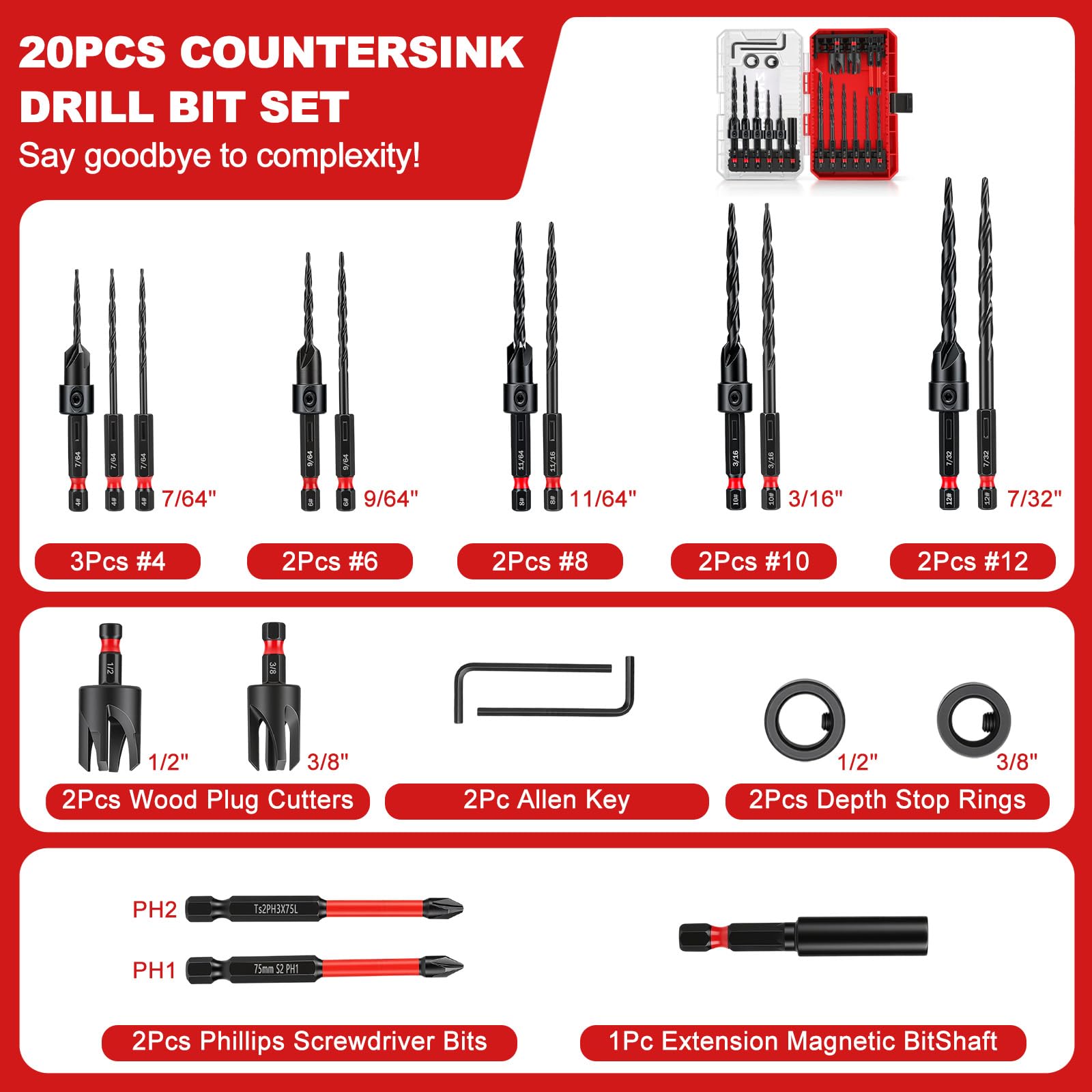 Countersink Drill Bit Set - 20 Piece -2