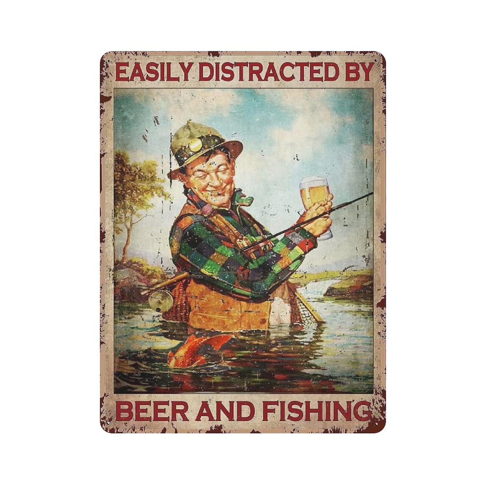 Easily Distracted By Beer and Fishing Metal Signs, Fun Poster For Bar Kitchen Cafe Farmhouse Wall Decor 12x16 inch