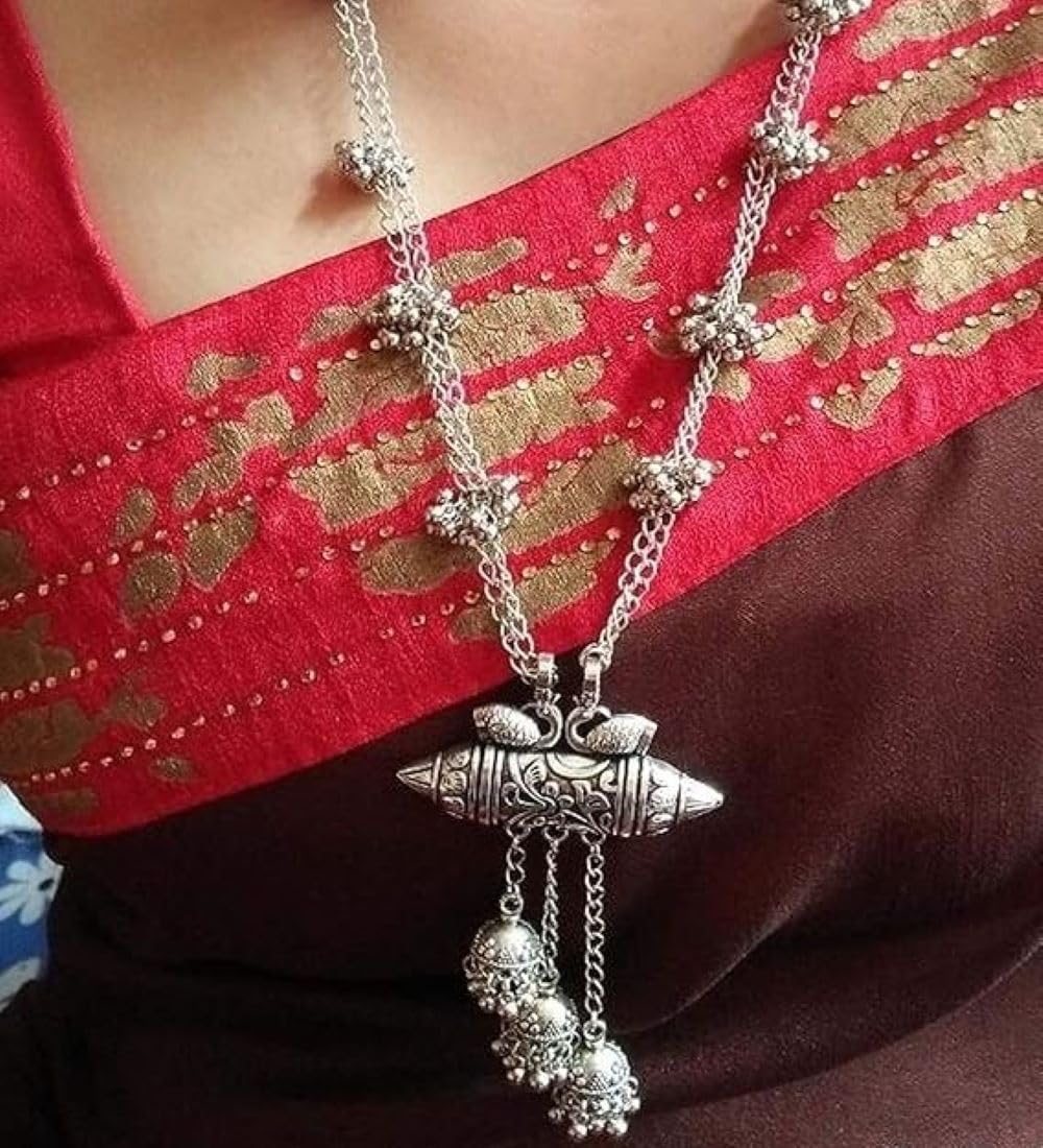Indian Silver Oxidized Ethnic Fashion Handmade Statement Kutchi Afghani Tribal Tassel Long Necklace - Image 2