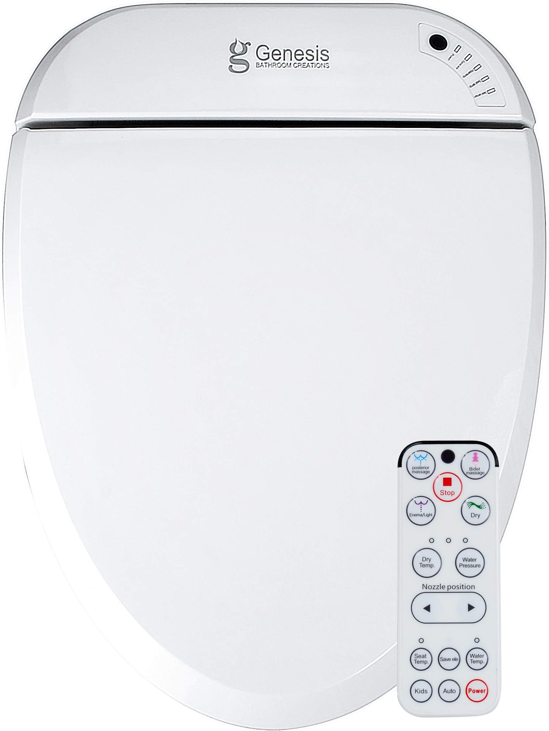 Genesis Alerotos Electric Bidet Toilet Seat - With Remote Control - Heated Seat, Warm Water Wash & Warm Air Dry - Self Cleaning Titanium Nozzle, Kids Mode, Deodorizer, Soft Close Lid (Round)